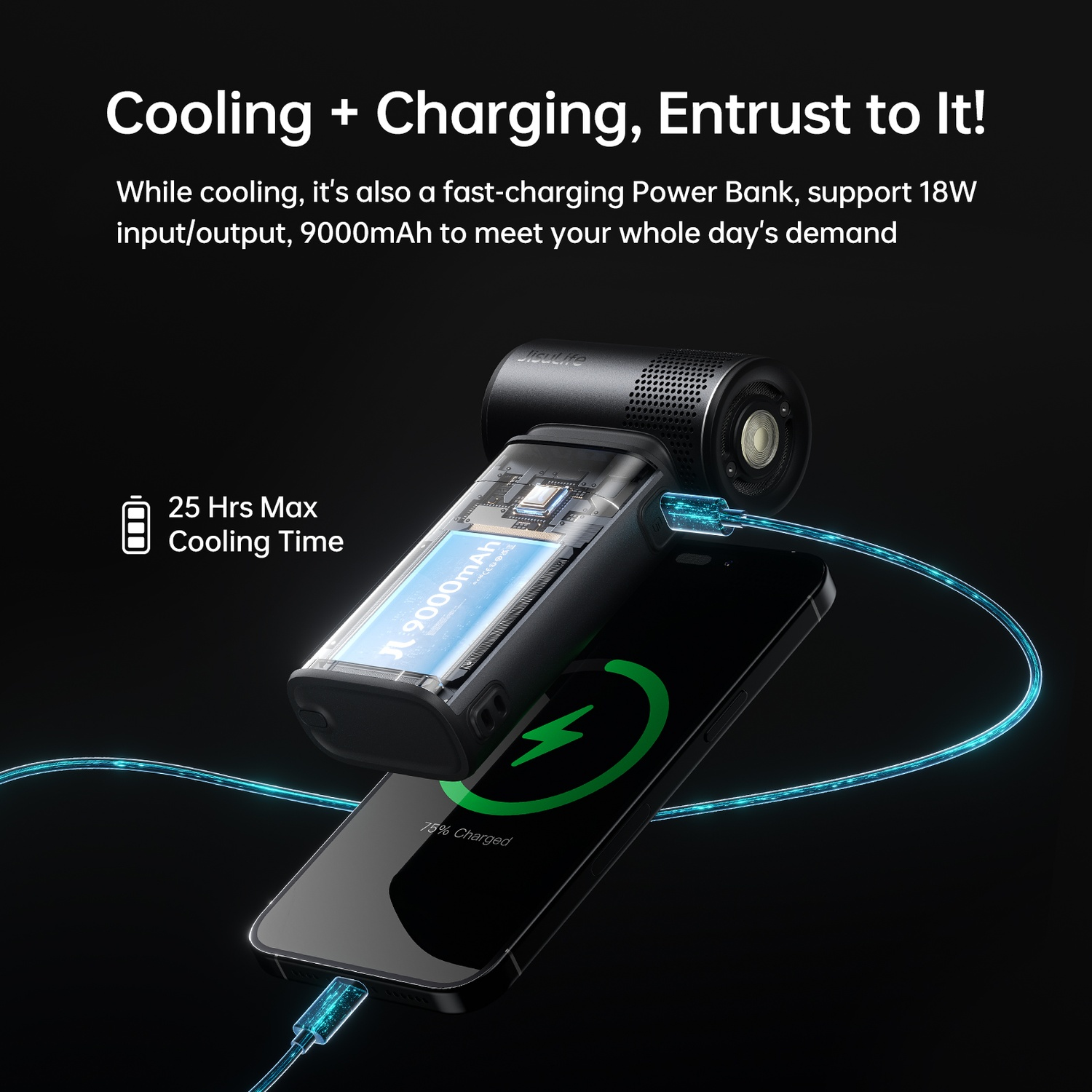 Un ventilateur de banque d'alimentation noir charge un smartphone. Capacité 9000mAh.