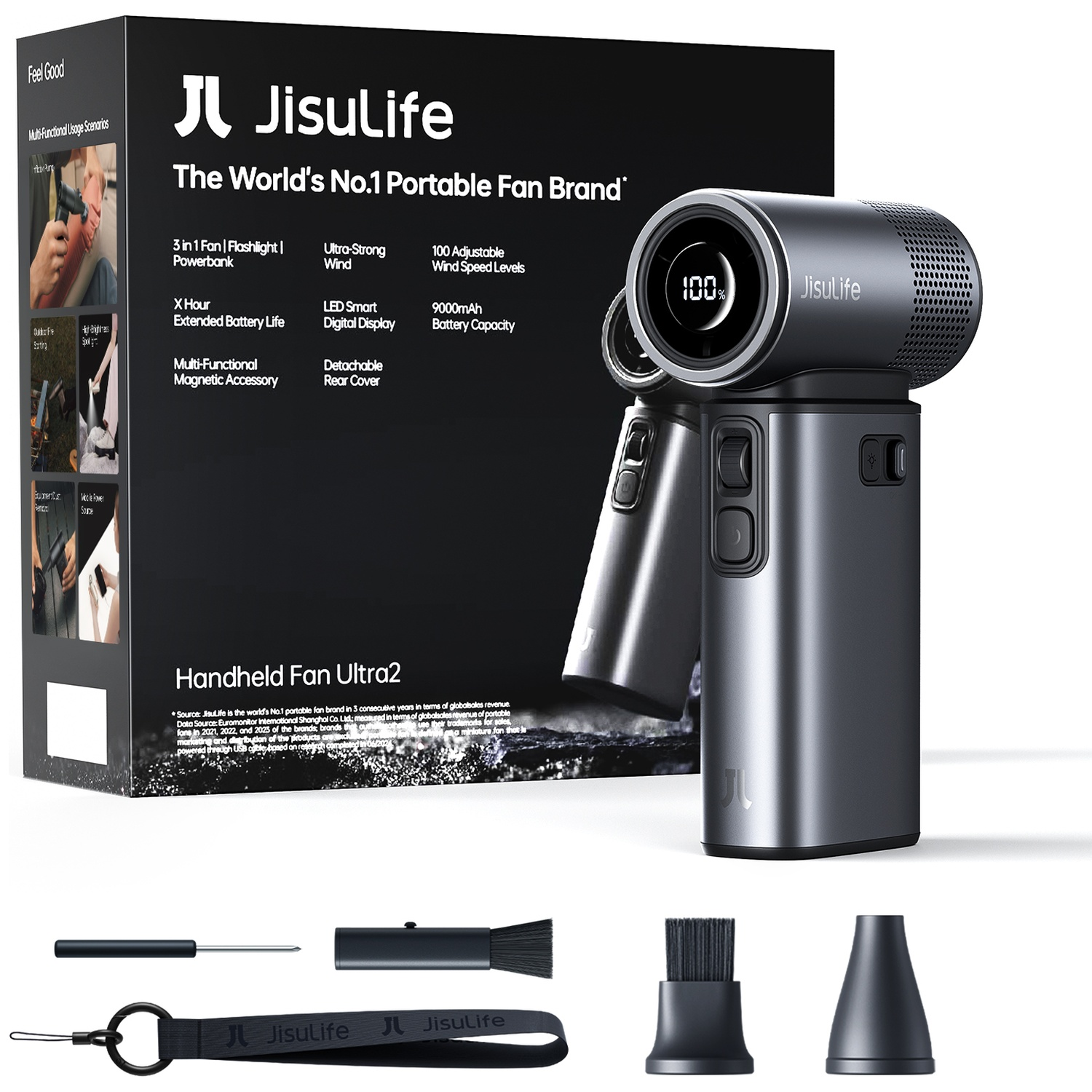 Ventilateur portable JisuLife Ultra 2 gris avec accessoires, écran LED affiche 100%.