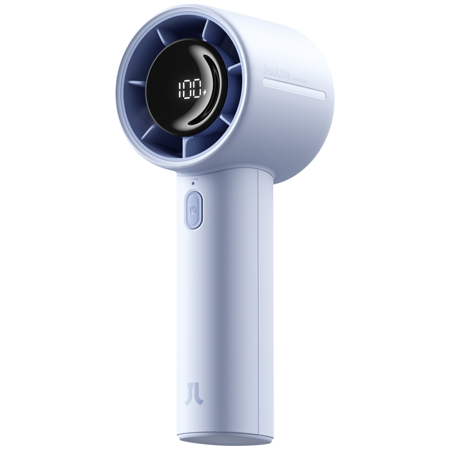 Un ventilateur bleu portable affichant '100%' sur son écran numérique.