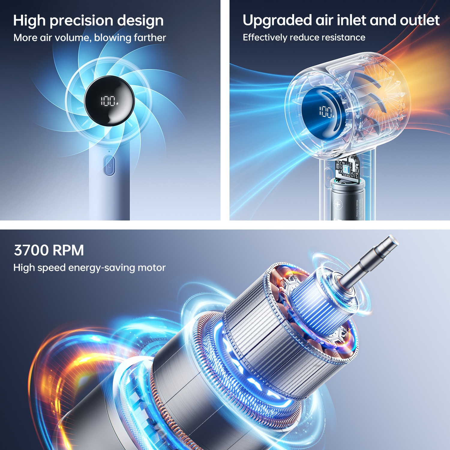 Gros plan d'un moteur à haute vitesse avec des effets d'énergie bleus et oranges.