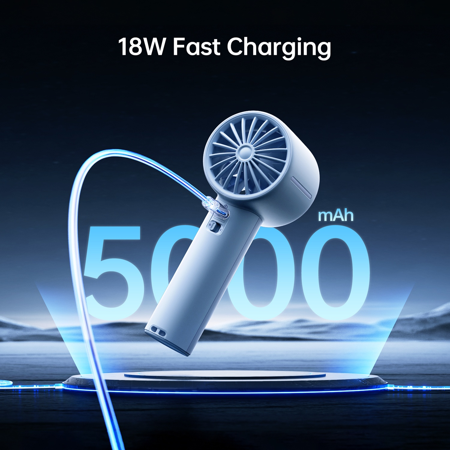 Un ventilateur léger et portable avec batterie de 5000 mAh et charge rapide 18W.