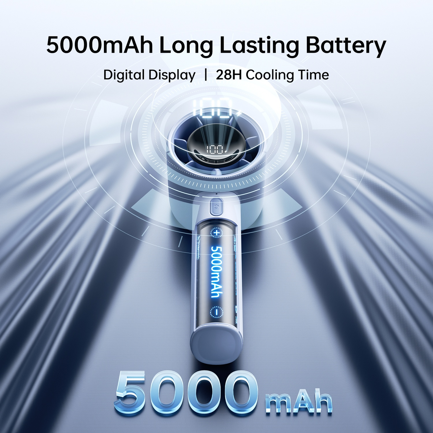 Un appareil blanc doté d'une batterie de 5000mAh et d'un écran numérique.