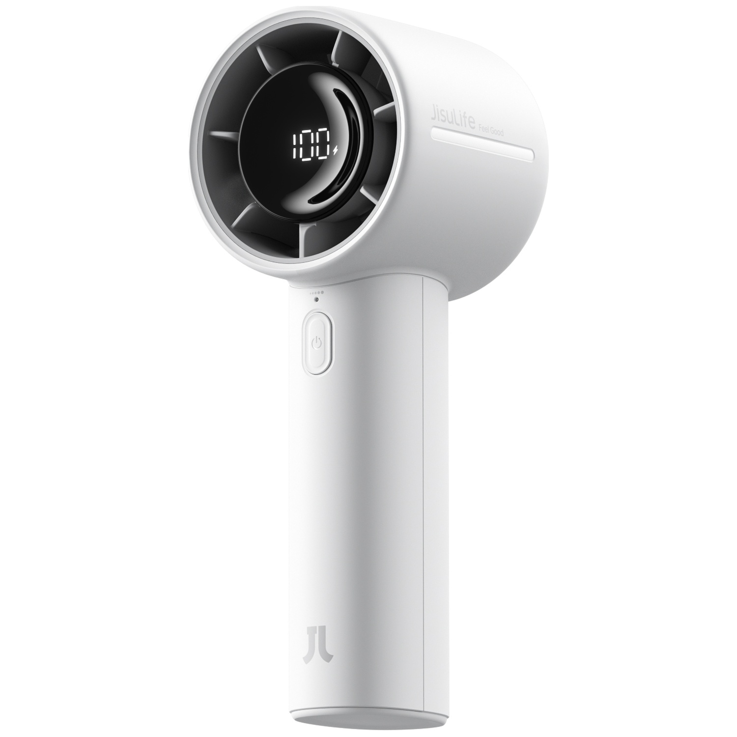 Un ventilateur portable blanc Jisulife avec un écran numérique affichant 100.