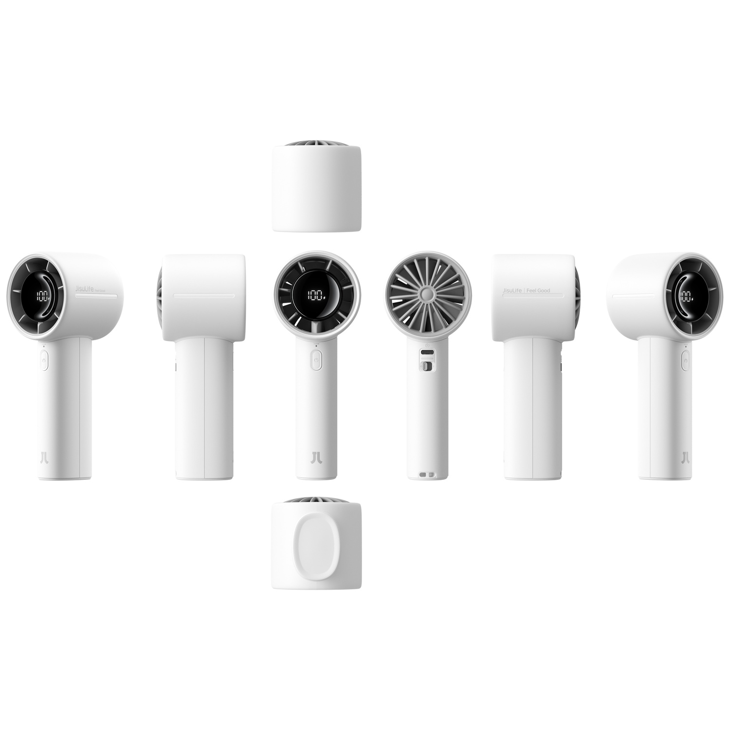 Ventilateurs blancs portatifs et une base cylindrique montrés sous plusieurs angles sur fond blanc.
