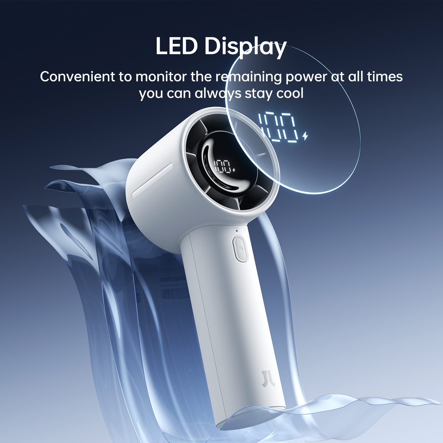 Un ventilateur blanc portable avec écran LED, entouré de formes bleues et fluides.