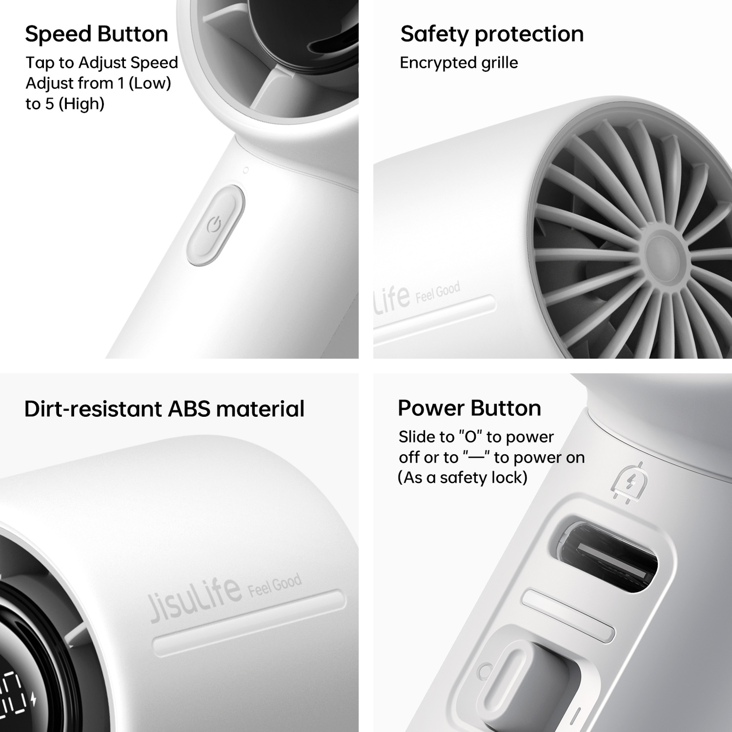 Détails du ventilateur portable blanc : vitesse, protection, matériau, bouton.