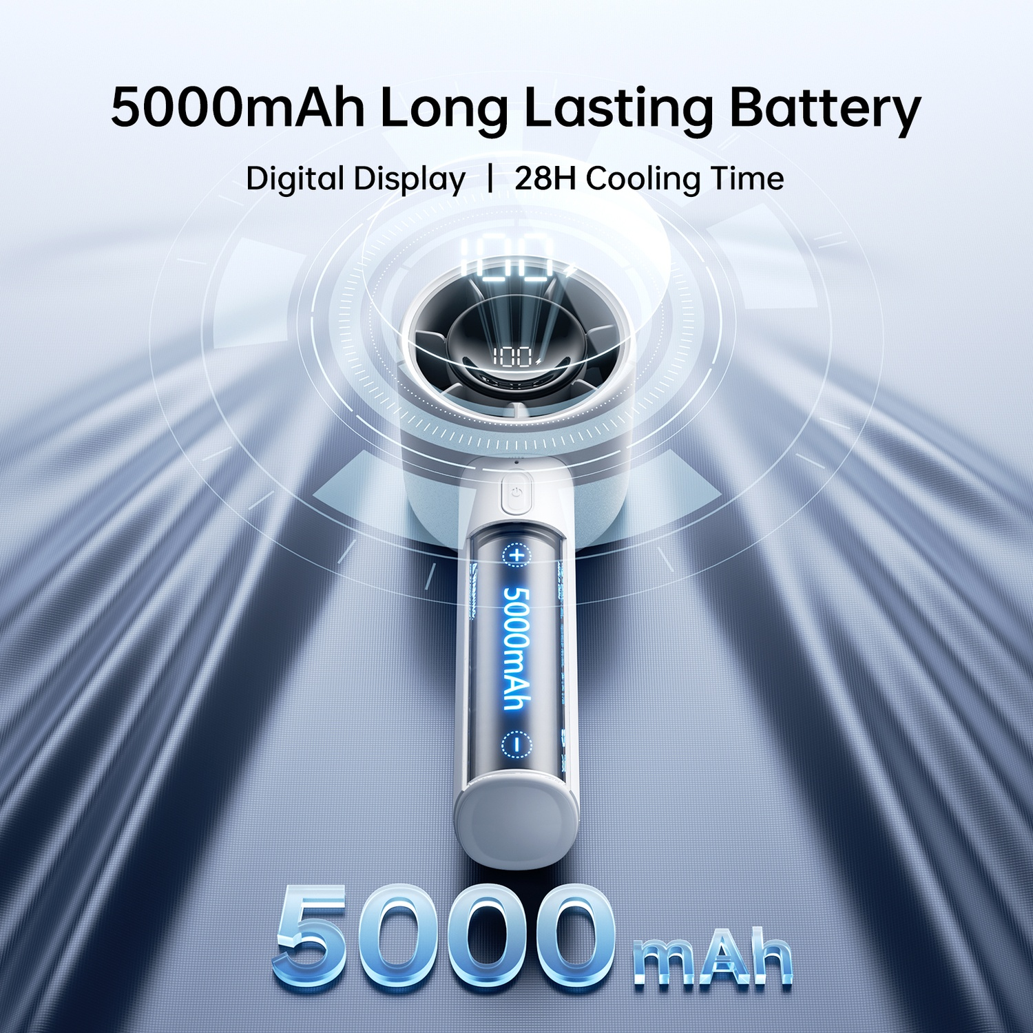 Un ventilateur blanc avec batterie 5000mAh et écran numérique affichant 100%.
