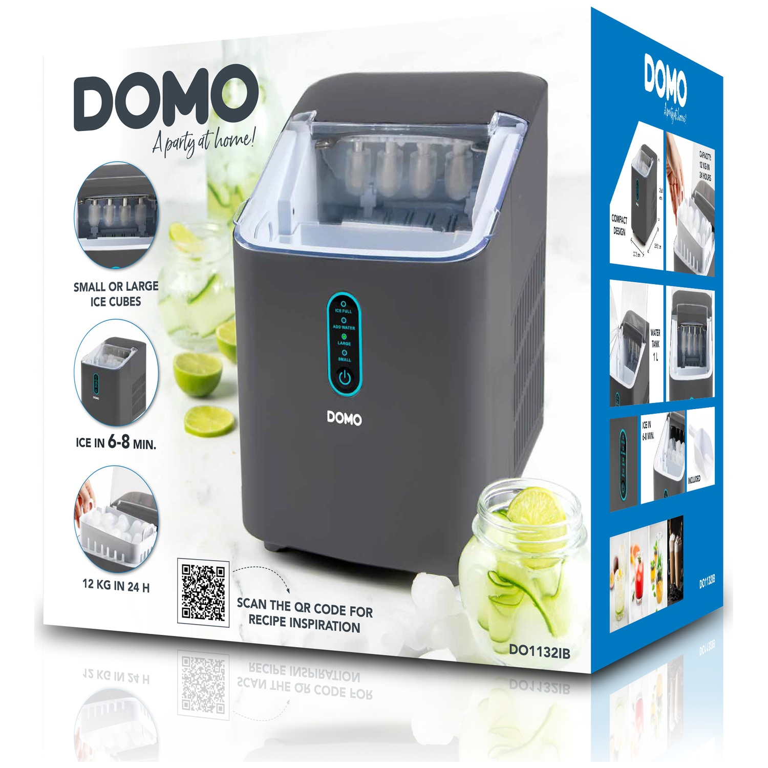 Een Domo ijsmachine die in 6-8 minuten ijsblokjes maakt. Hij kan 12 kg ijs produceren in 24 uur.
