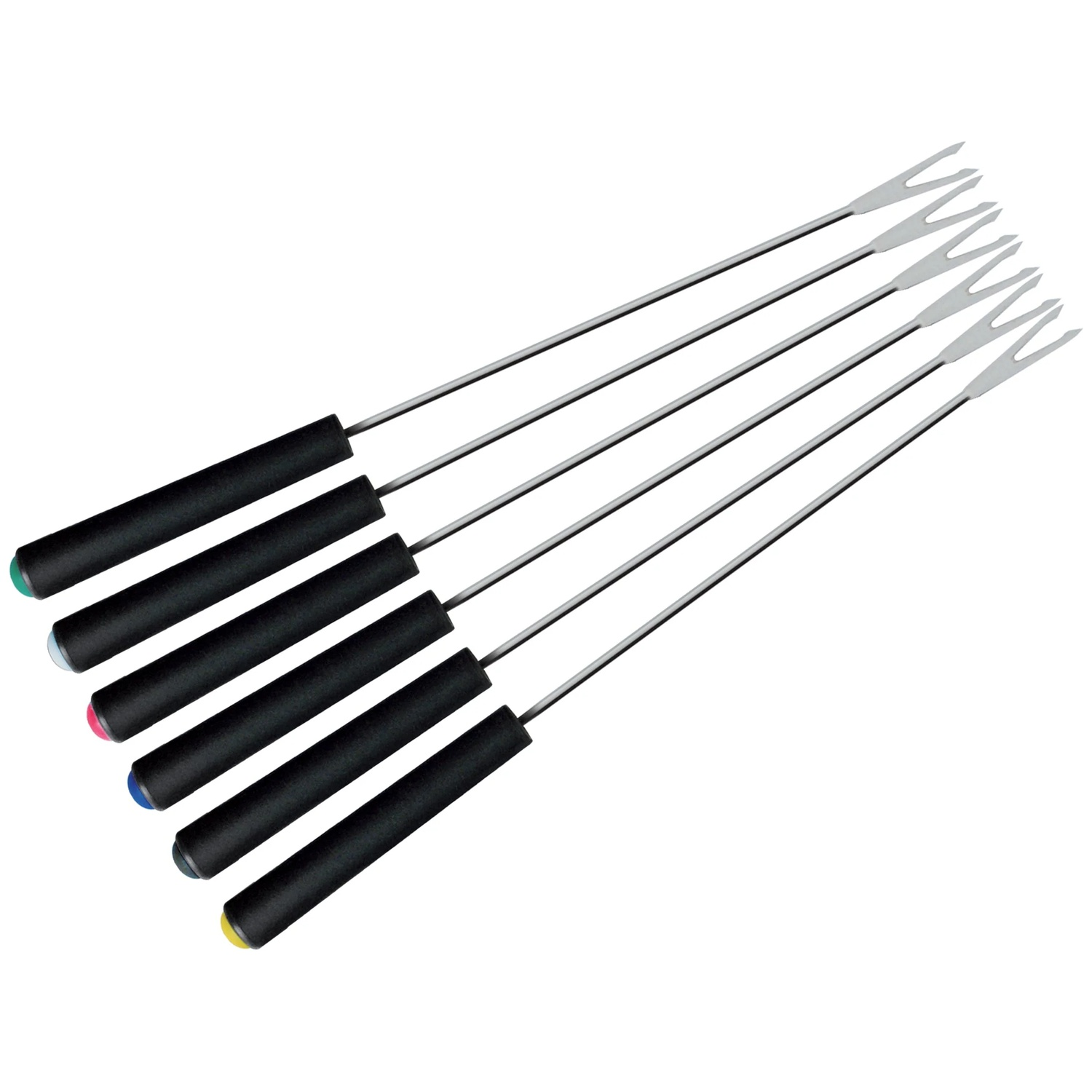 Six brochettes à fondue avec manches noirs et bouts colorés sur fond blanc.