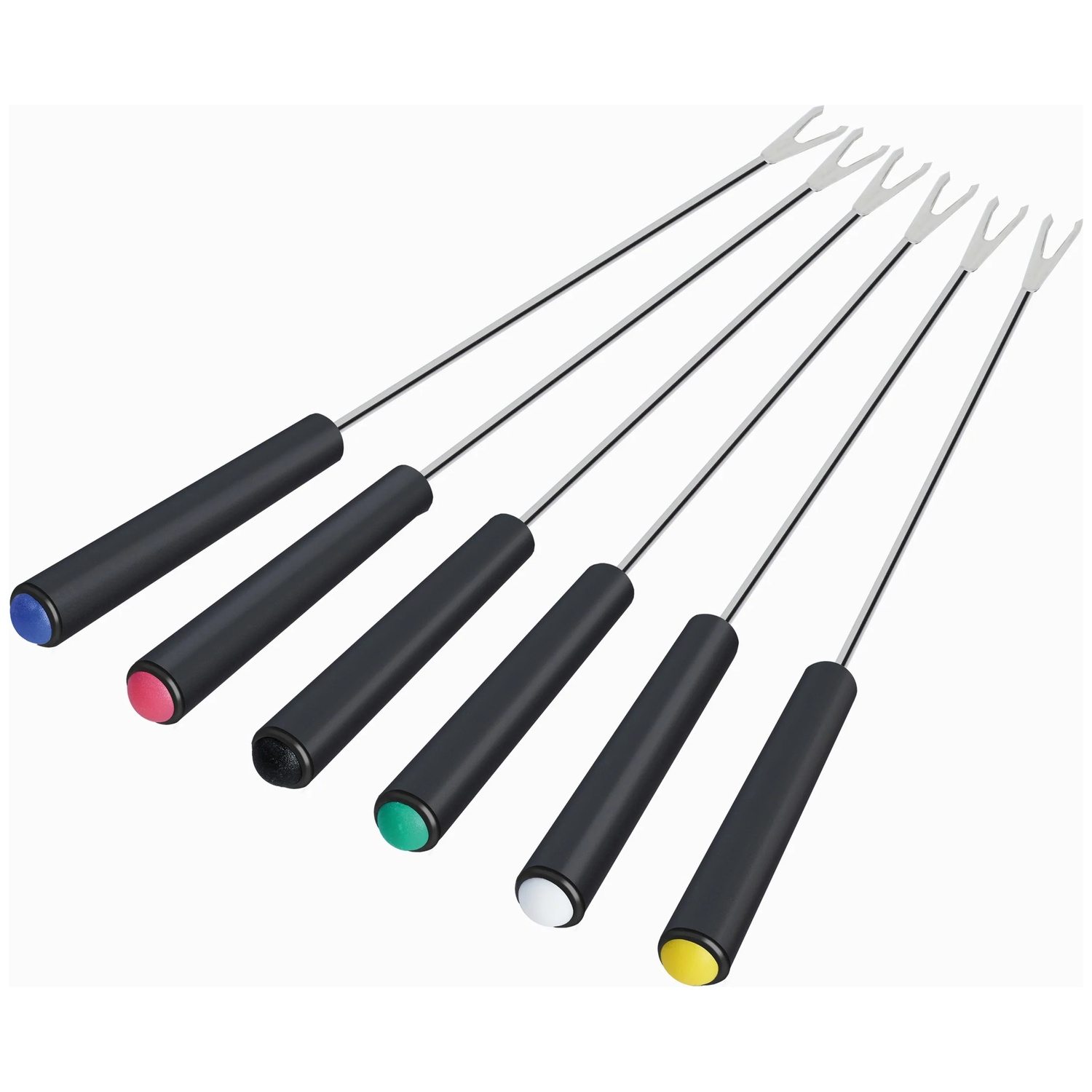 Six brochettes à fondue avec manches noirs et bouts colorés sur fond blanc.