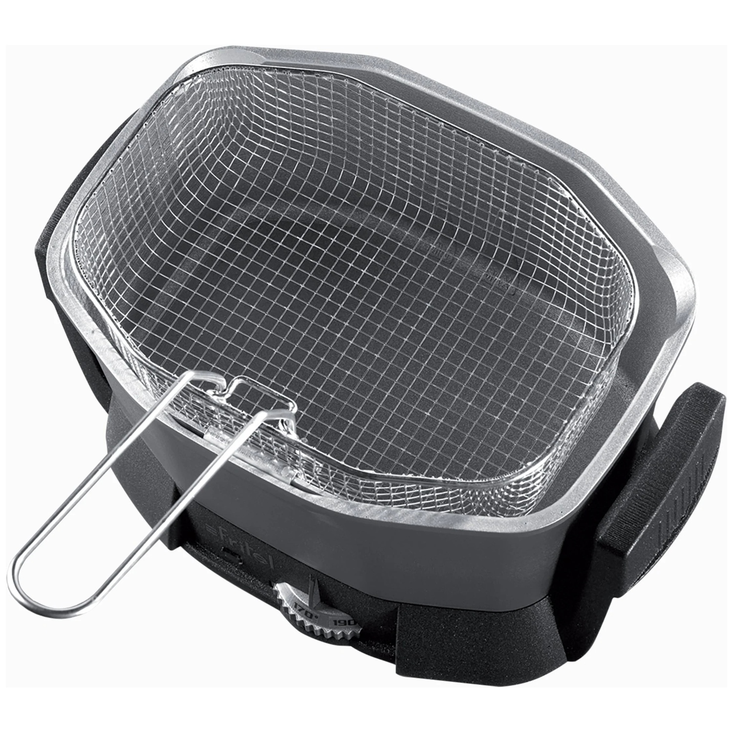 Un panier de friteuse vide en métal avec une poignée, sur fond blanc.