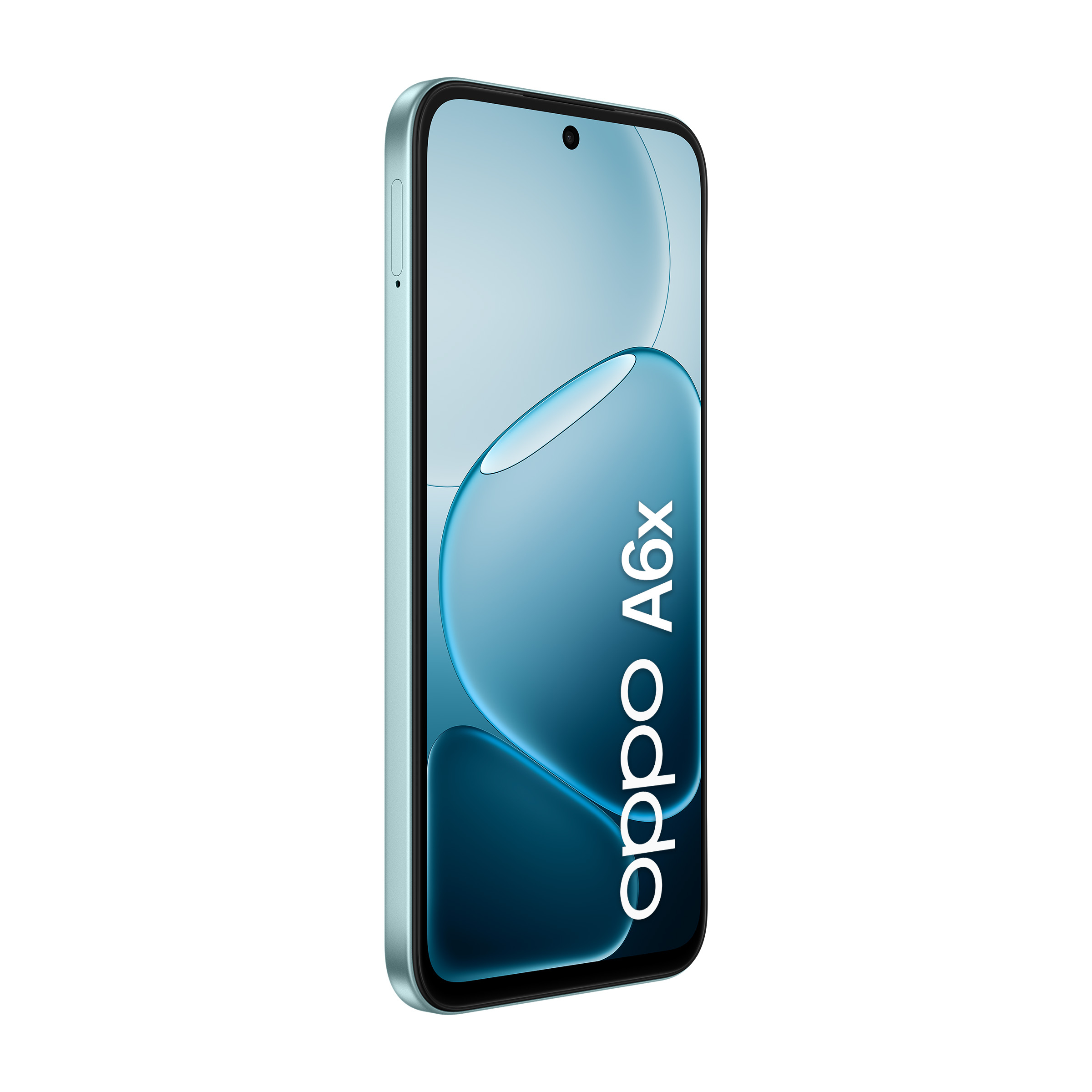 Un smartphone Oppo A6x verde claro con un fondo estilizado.