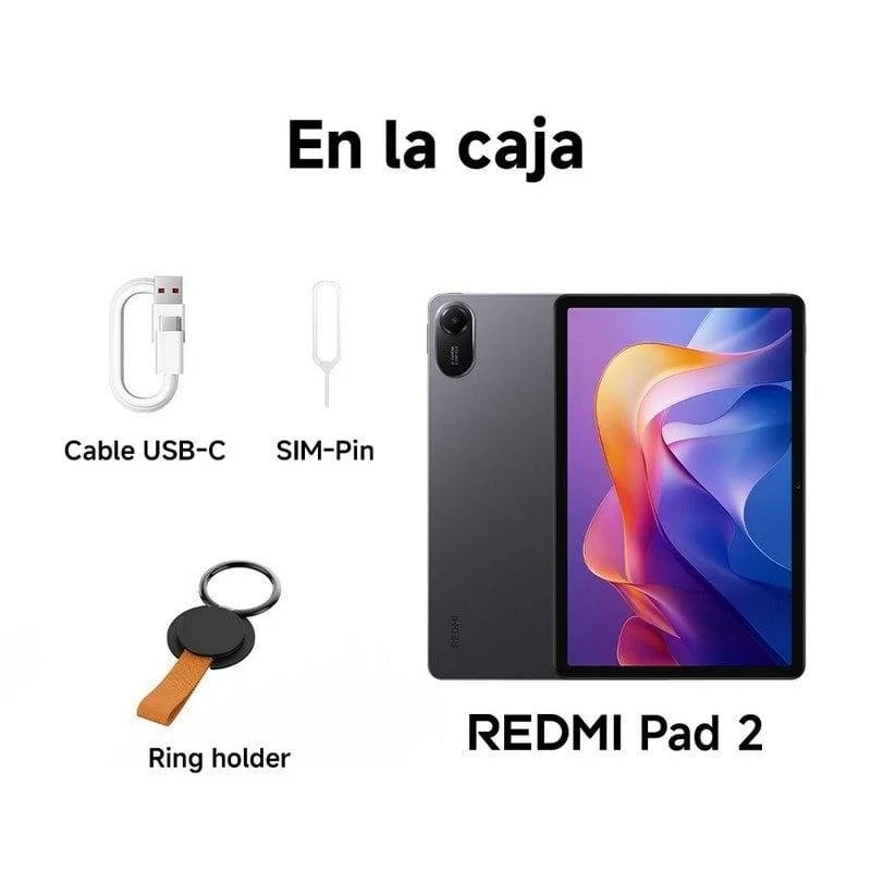 REDMI Pad 2 gris con accesorios: cable USB-C, pin SIM, soporte anillo.