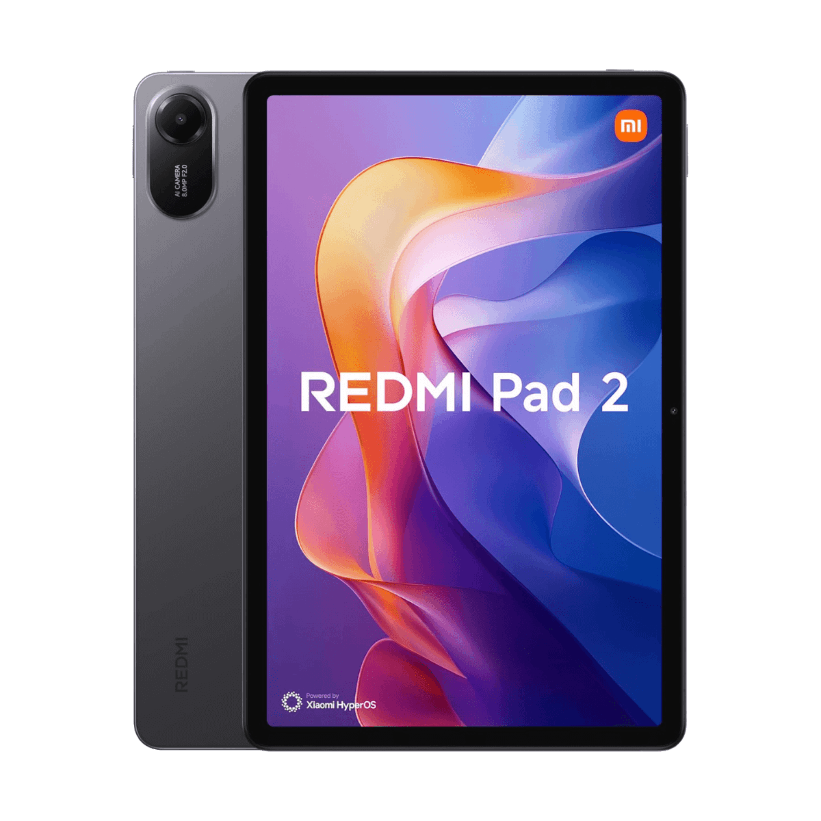 Tableta gris con pantalla completa que muestra el texto "REDMI Pad 2".