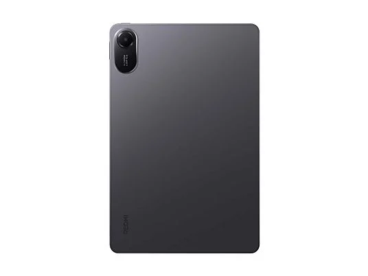 Parte trasera de una tablet oscura con módulo de cámara arriba a la izquierda y letras rojas.