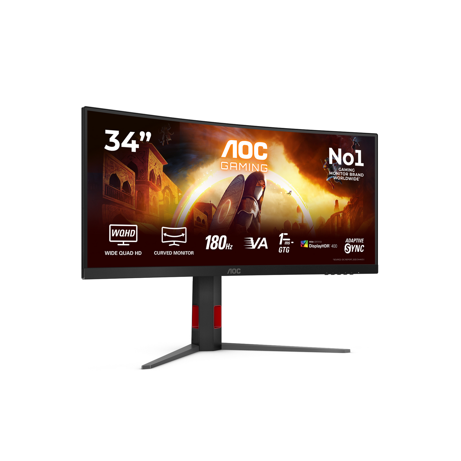Monitor curvo gaming AOC de 34" con WQHD, 180Hz, 1ms GTG, HDR400, Adaptive Sync.