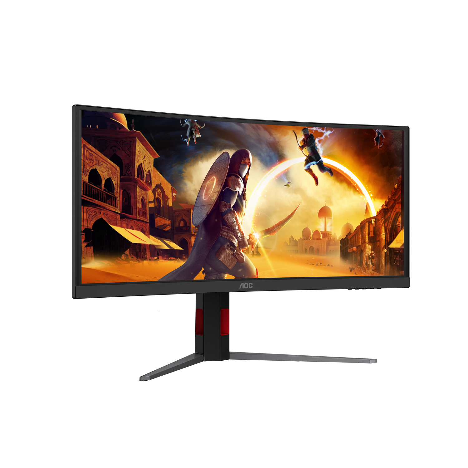 Monitor curvo para juegos que muestra una escena de batalla de fantasía con edificios.