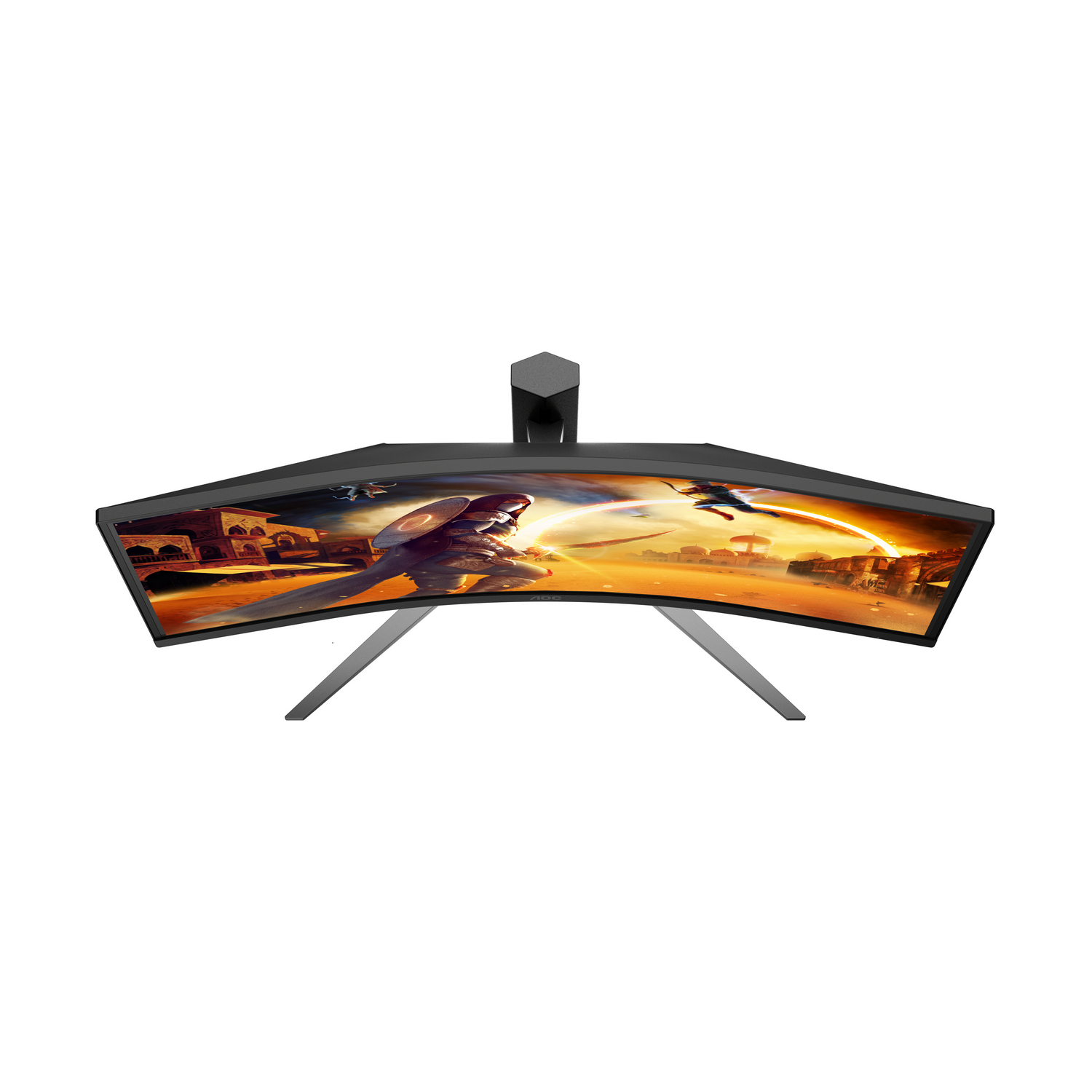 Un monitor curvo para juegos muestra una escena de dos figuras luchando ante un paisaje urbano.