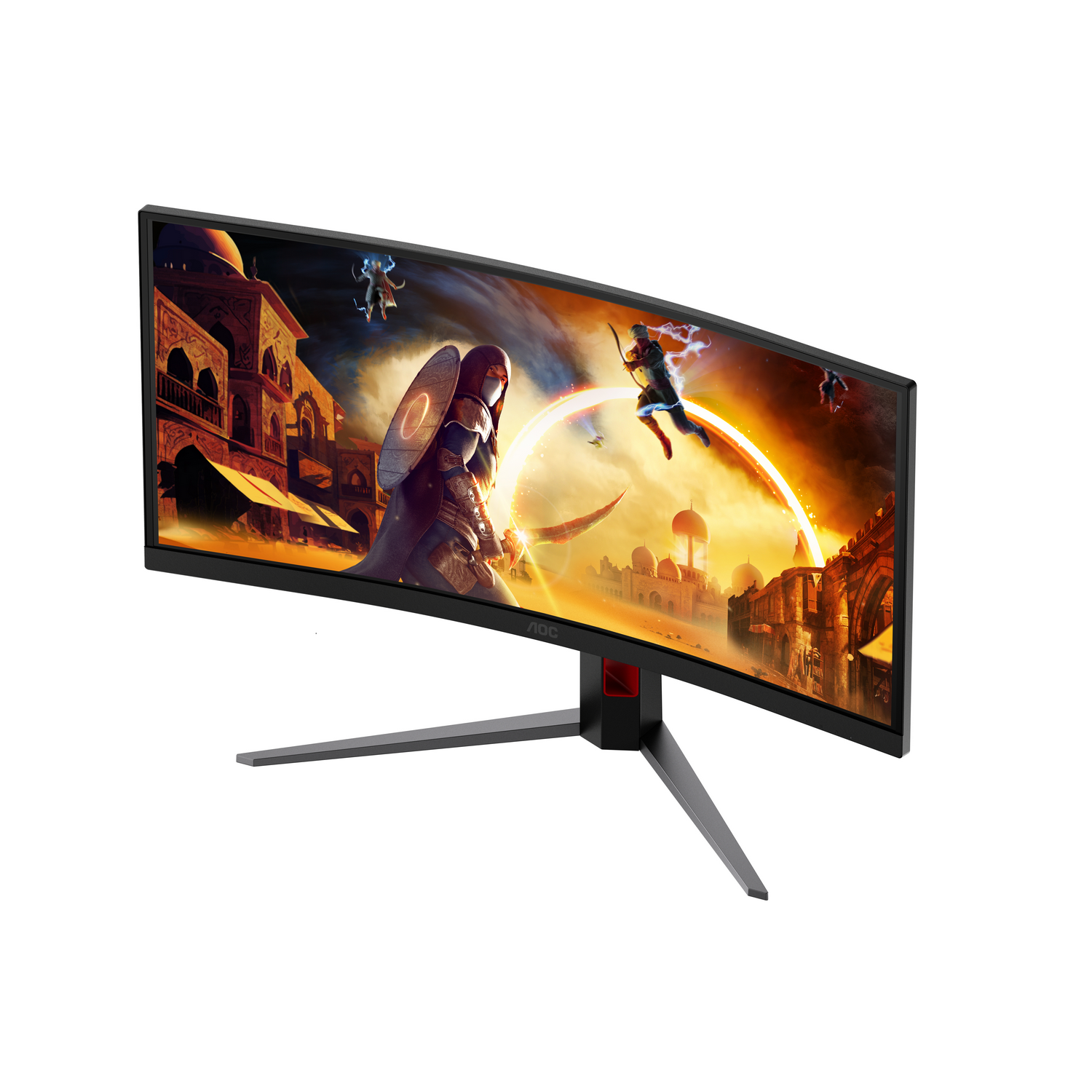 Un monitor curvo para juegos AOC muestra una escena de batalla de fantasía con guerreros y castillos.