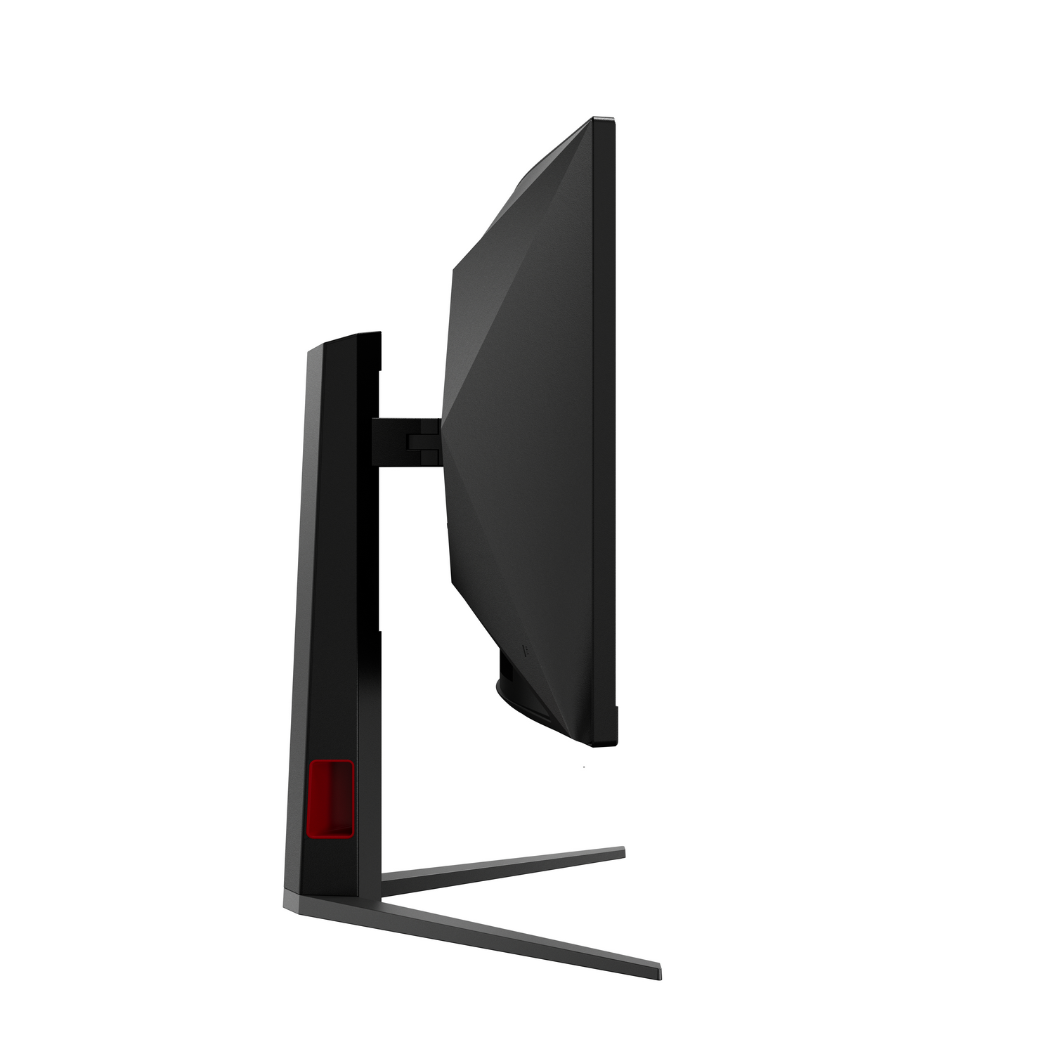 Monitor de computadora negro con acento rojo sobre fondo blanco.