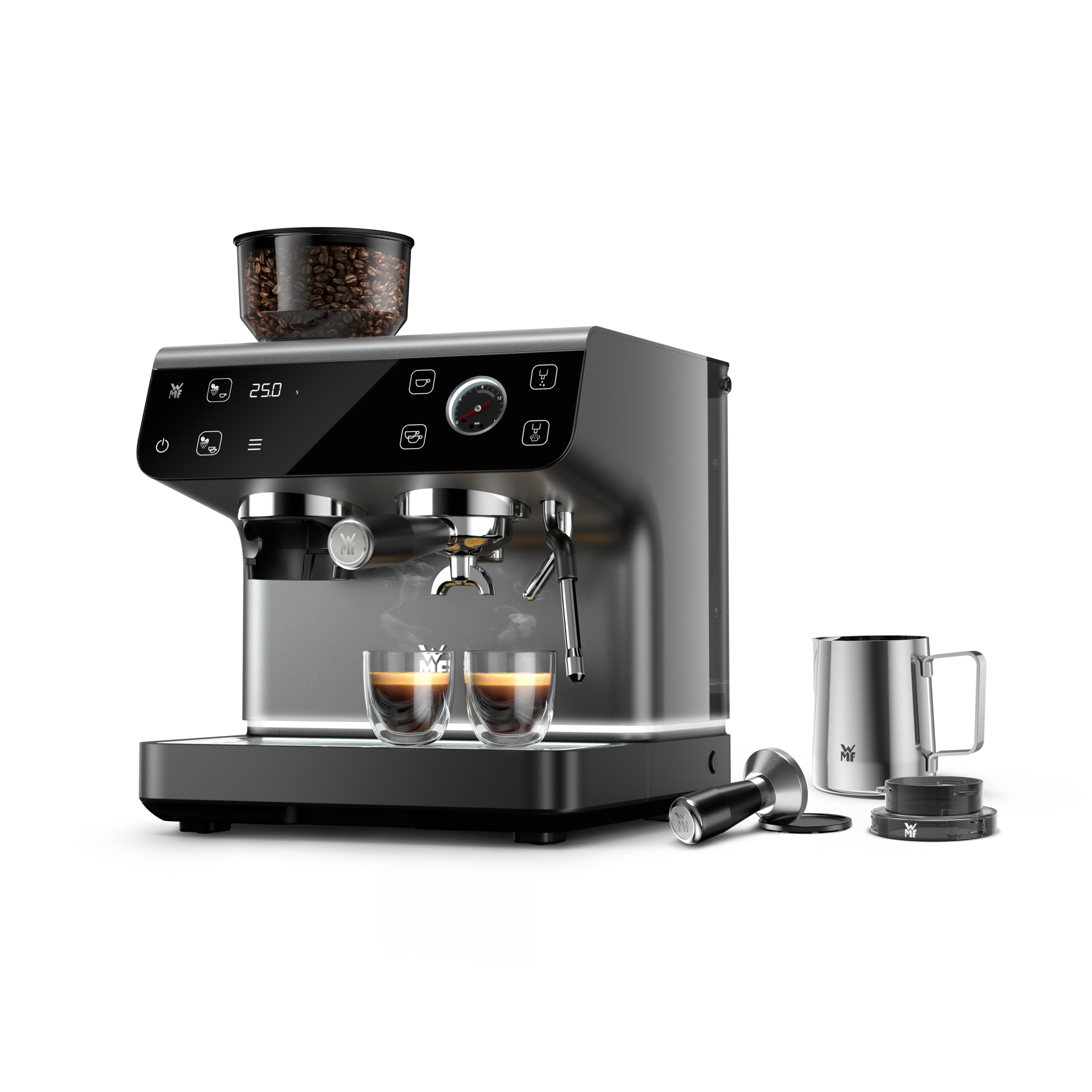 Máquina de espresso con depósito de granos, dos tazas de espresso, tamper y jarra metálica.