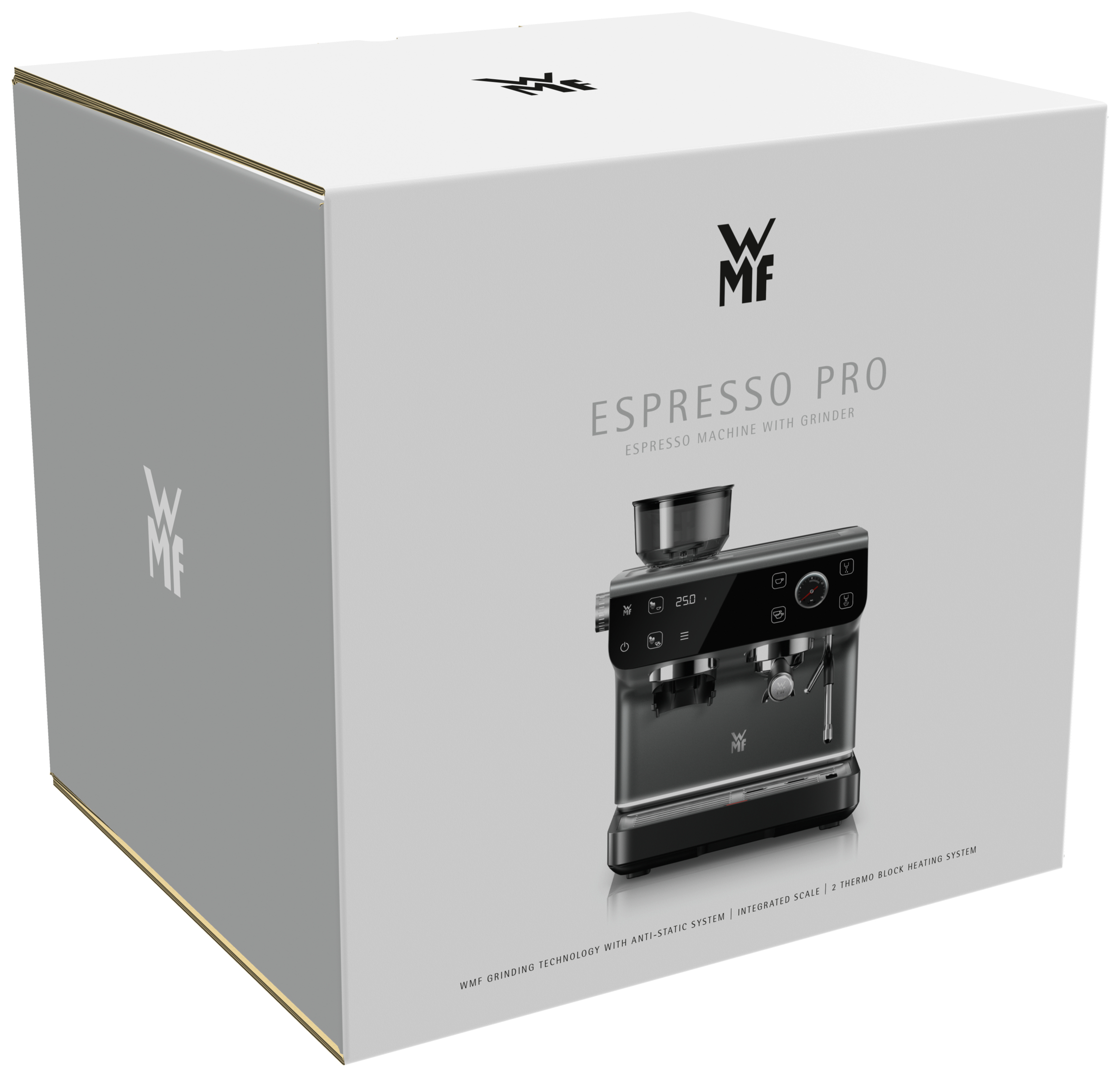 Caja WMF Espresso Pro con logo WMF e imagen de una máquina de espresso plateada.