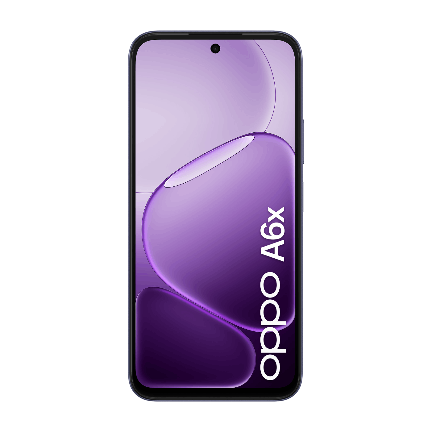 Un smartphone oscuro con fondo morado que muestra el texto 'oppo A6x'.