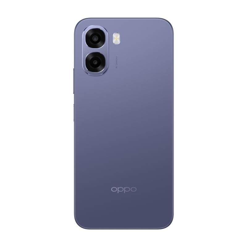 Parte trasera de un smartphone púrpura con doble cámara y logo OPPO.