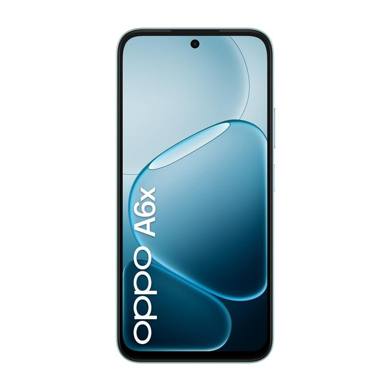Un smartphone OPPO A6x con fondo azul y letras blancas.