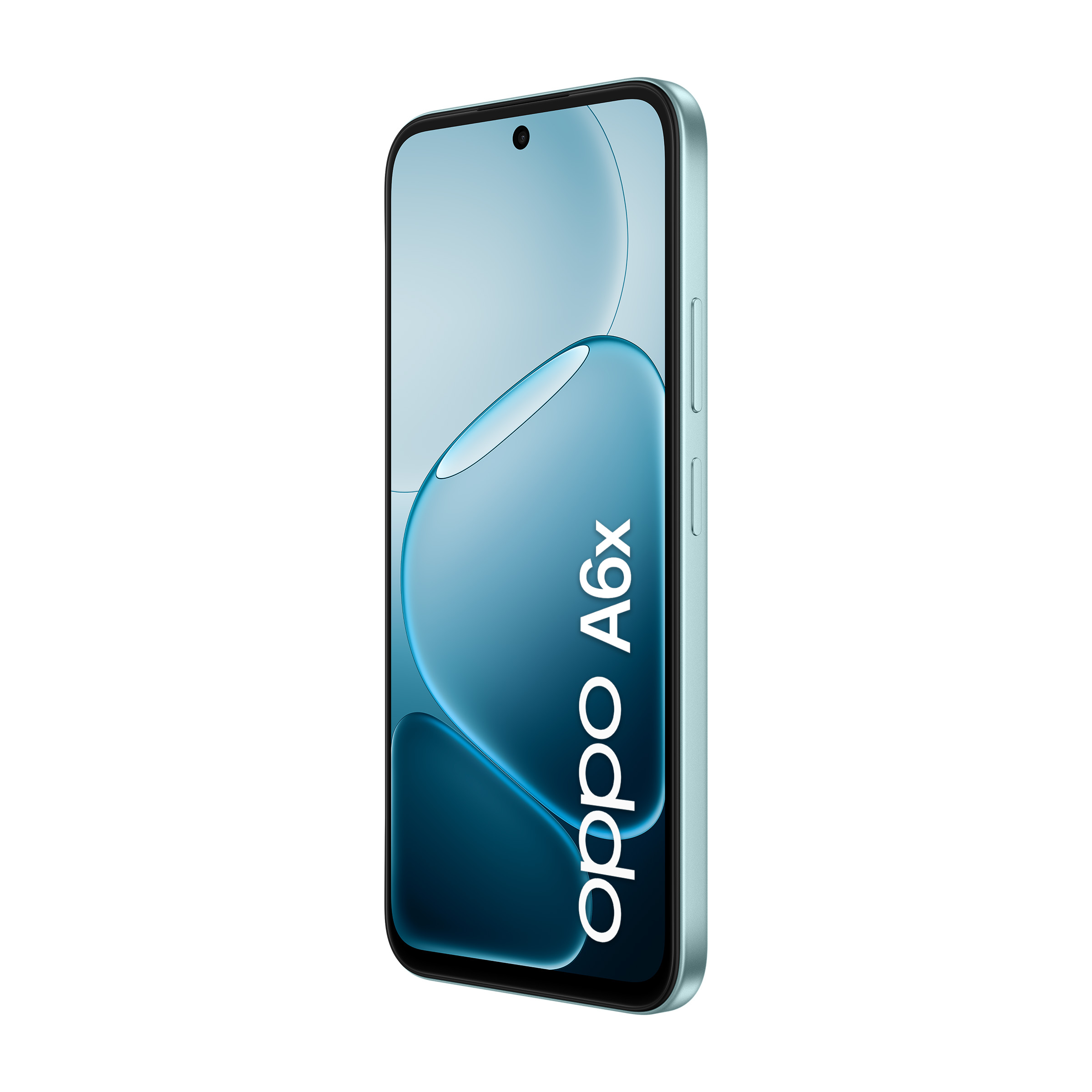 Un smartphone azul claro con el texto "oppo A6x" en la pantalla.