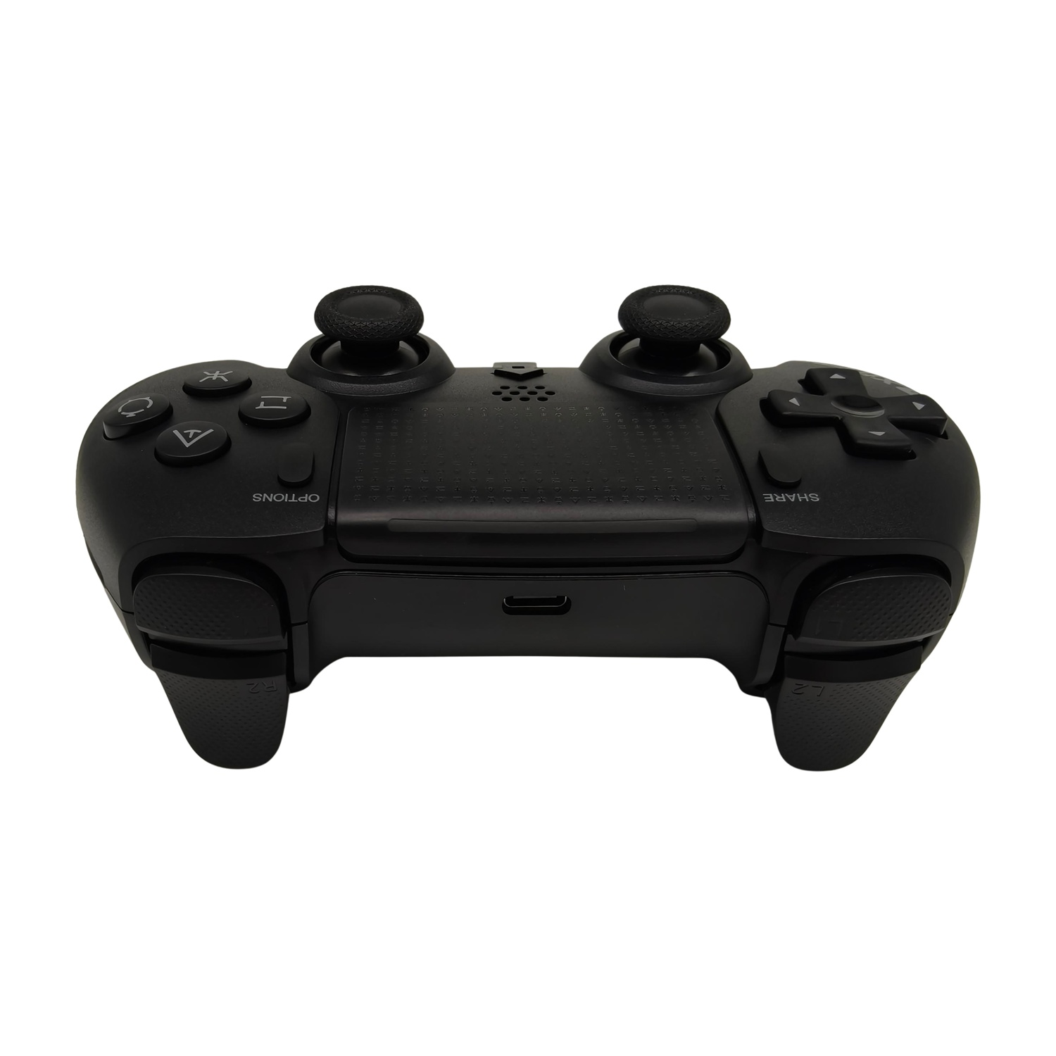 Controller di gioco nero con due joystick, pulsanti e una porta USB.