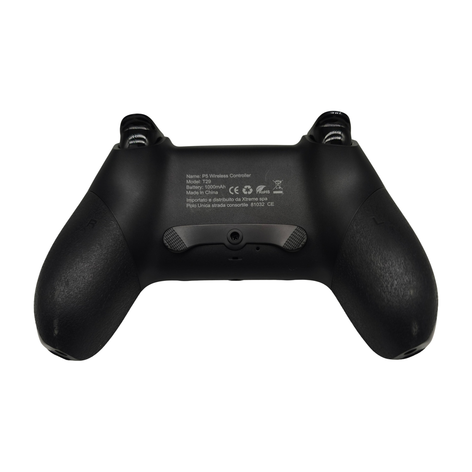 Controller wireless nero PS5 con testo, marchi CE e RoHS.