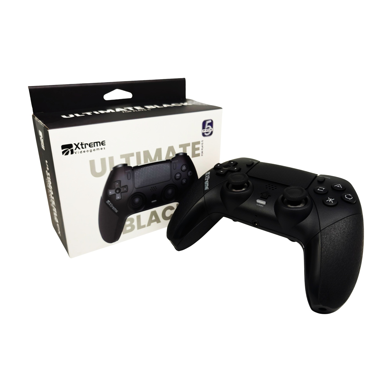 Controller da gioco nero e la sua scatola con la scritta "ULTIMATE BLACK FOR PLAY 5".