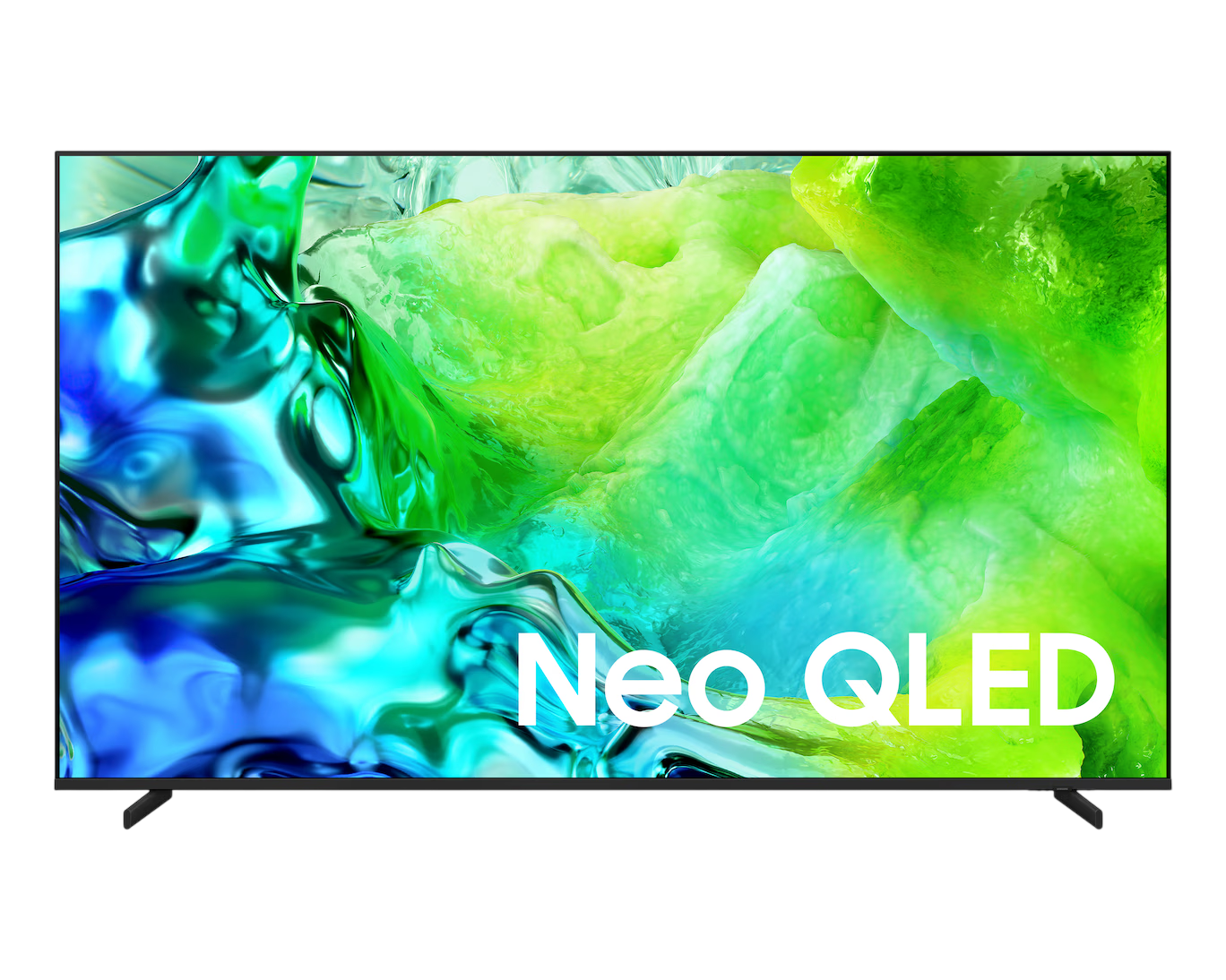Bir Samsung Neo QLED TV soyut mavi ve yeşil akışkan şekiller gösteriyor.