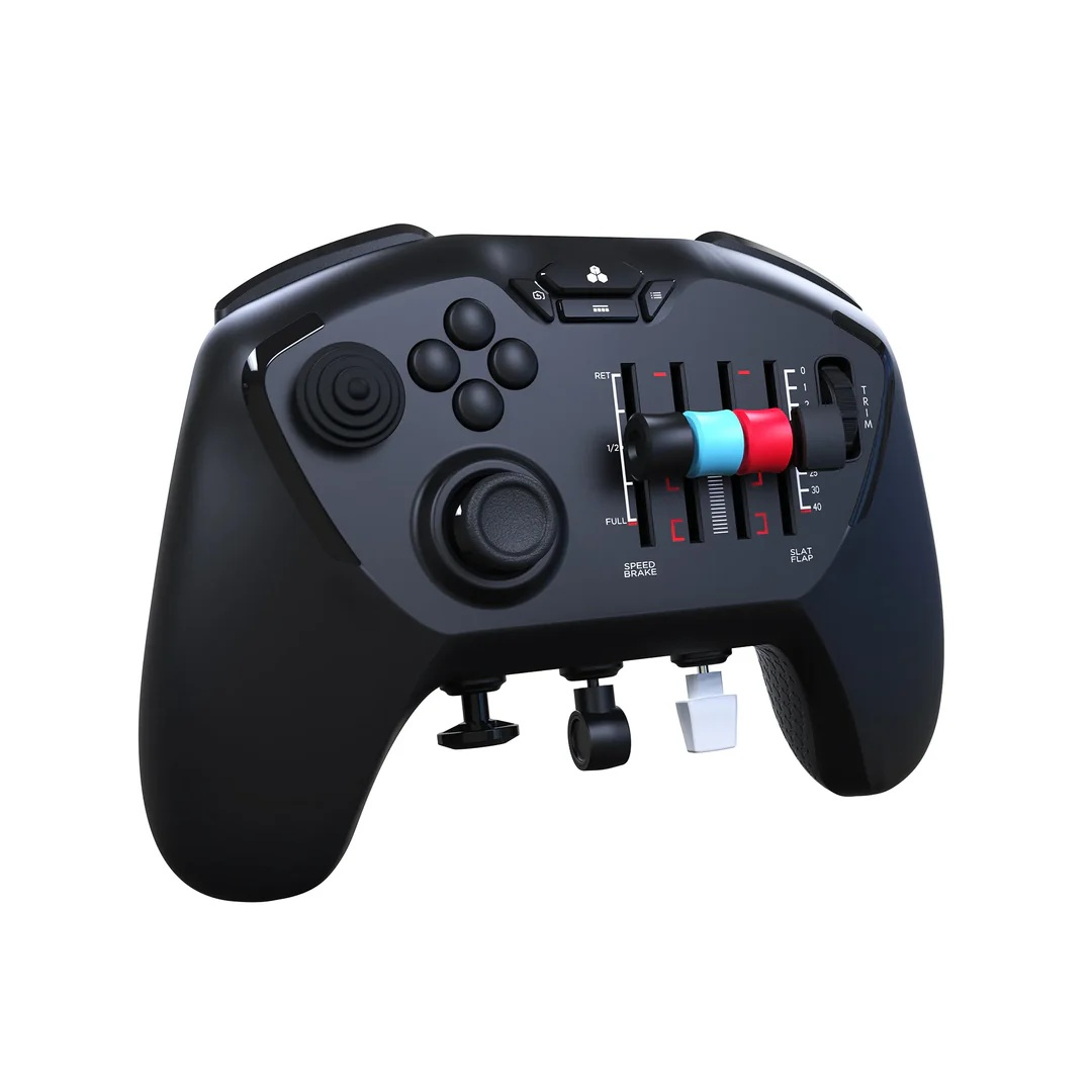 Ein schwarzer Gaming-Controller mit Joysticks, Knöpfen und Schiebereglern.