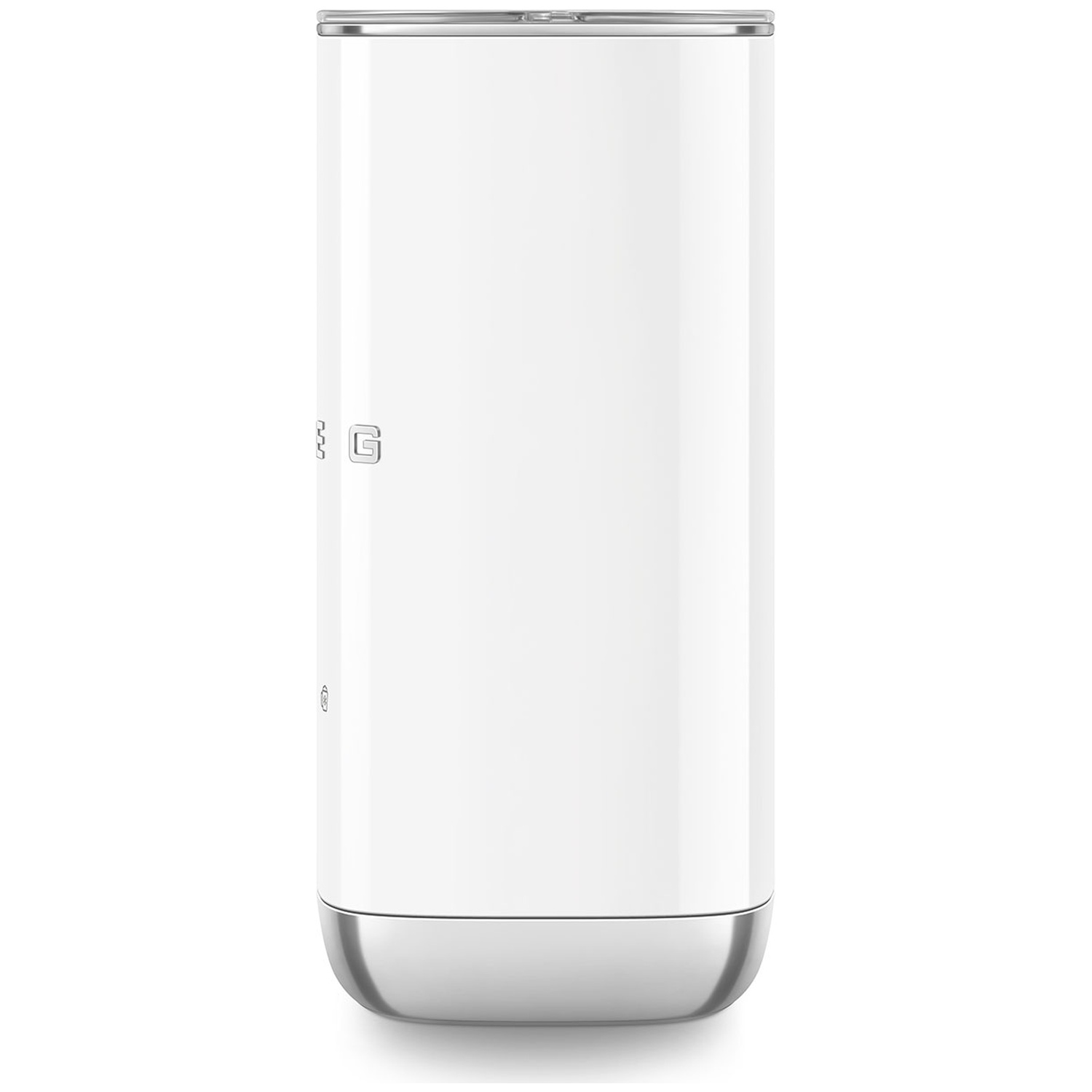 A white thermos with a silver lid and base stands on a white background.