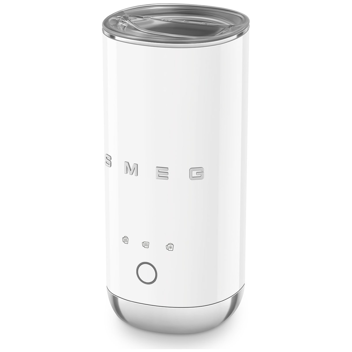 White SMEG milk frother machine with a silver base and lid.