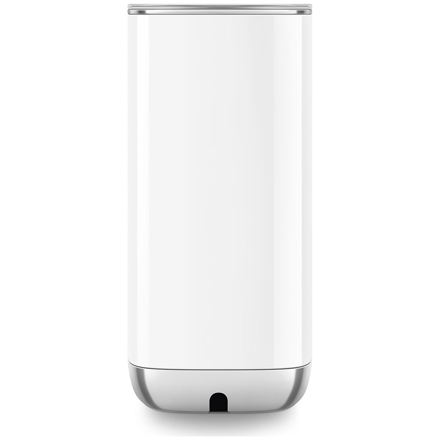 A white, cylindrical bottle with a silver lid and base.