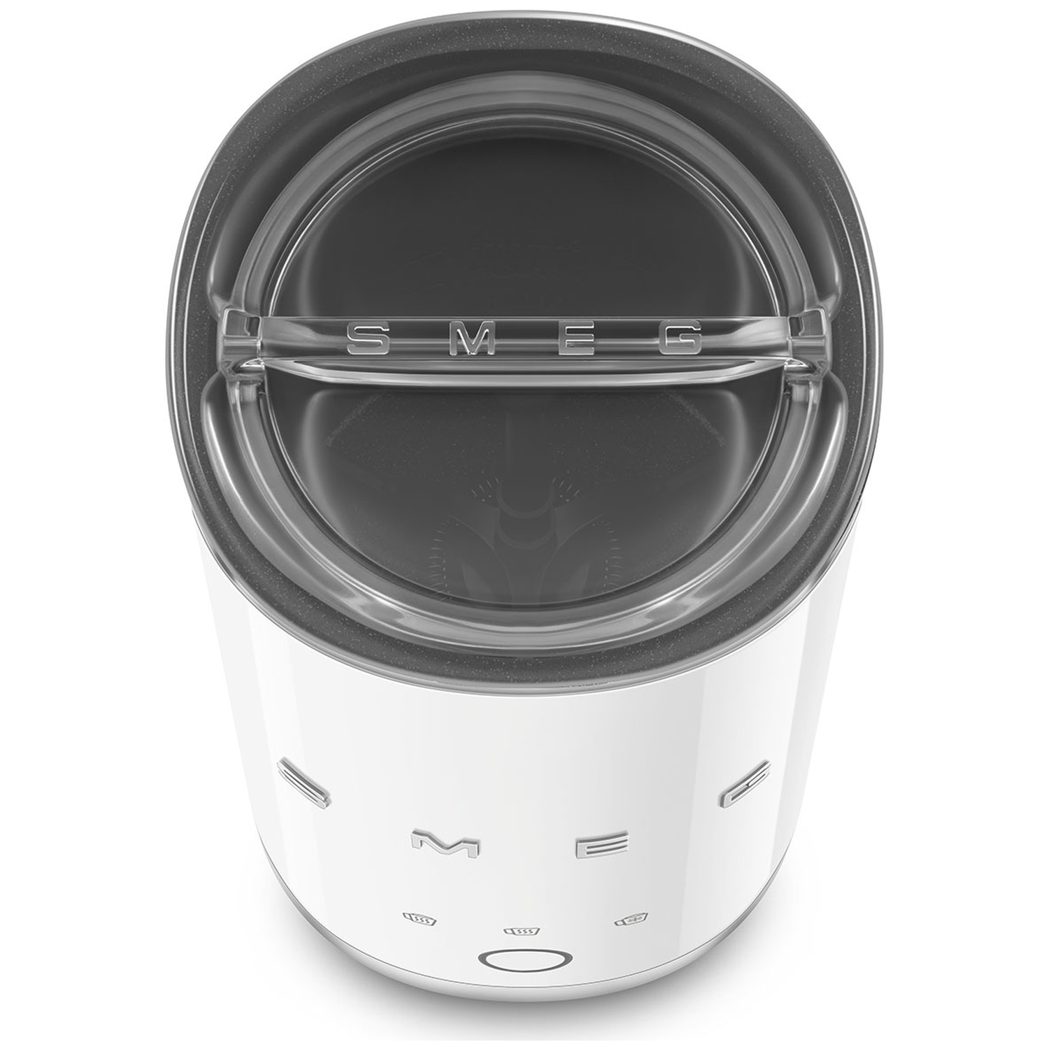 A white Smeg kettle with silver accents and a clear lid.