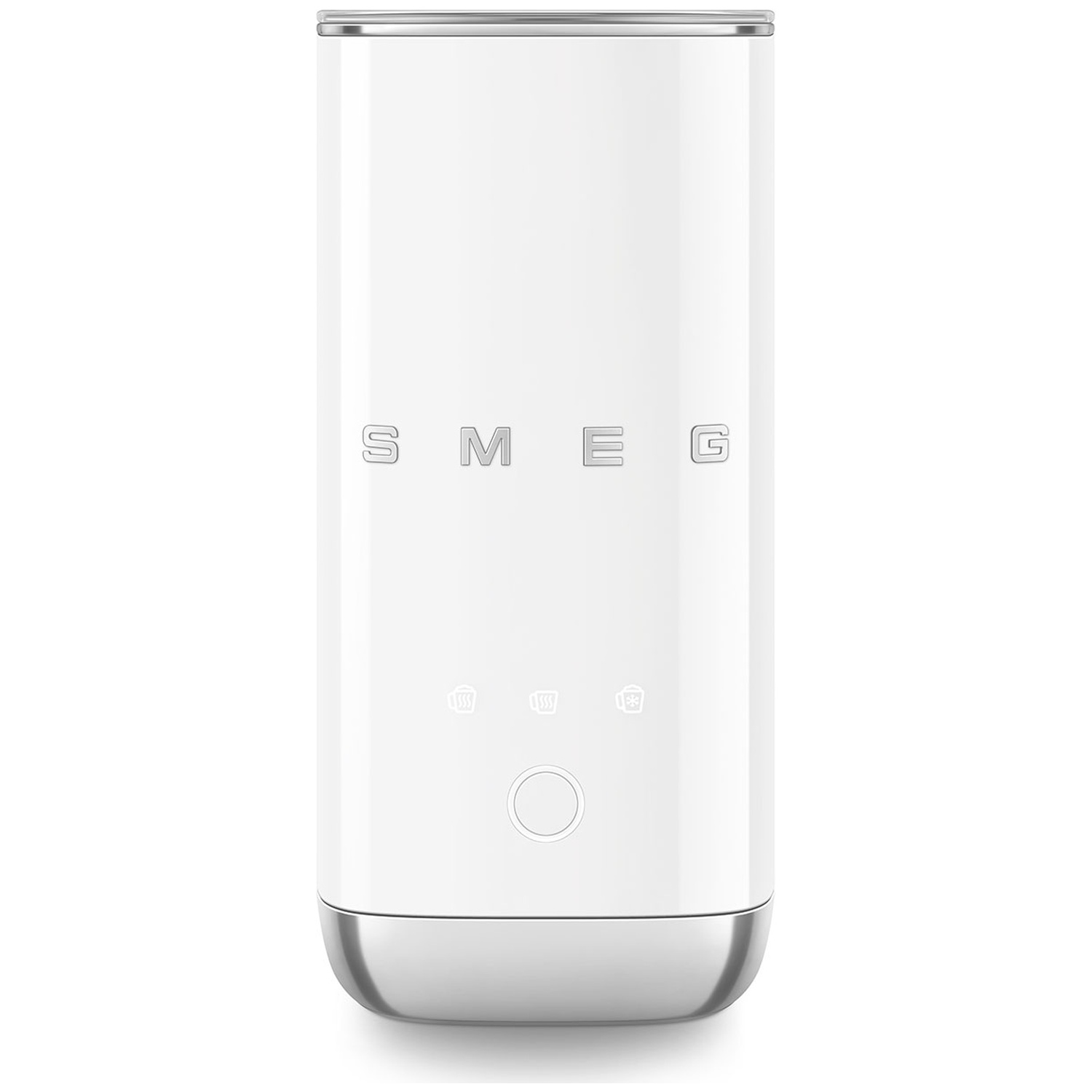 A white SMEG kettle with chrome accents and touch controls.