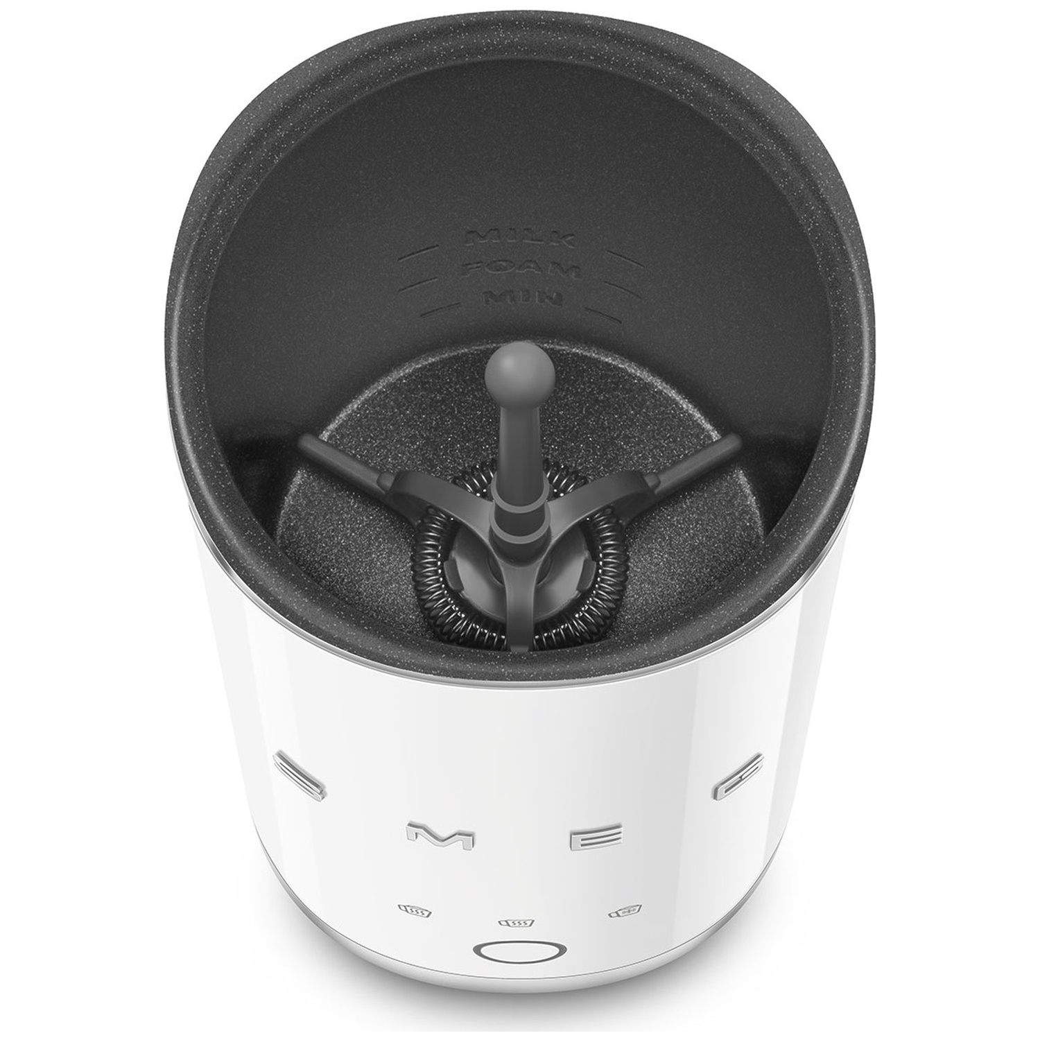 White milk frother with a grey whisk and markings for milk and foam levels.