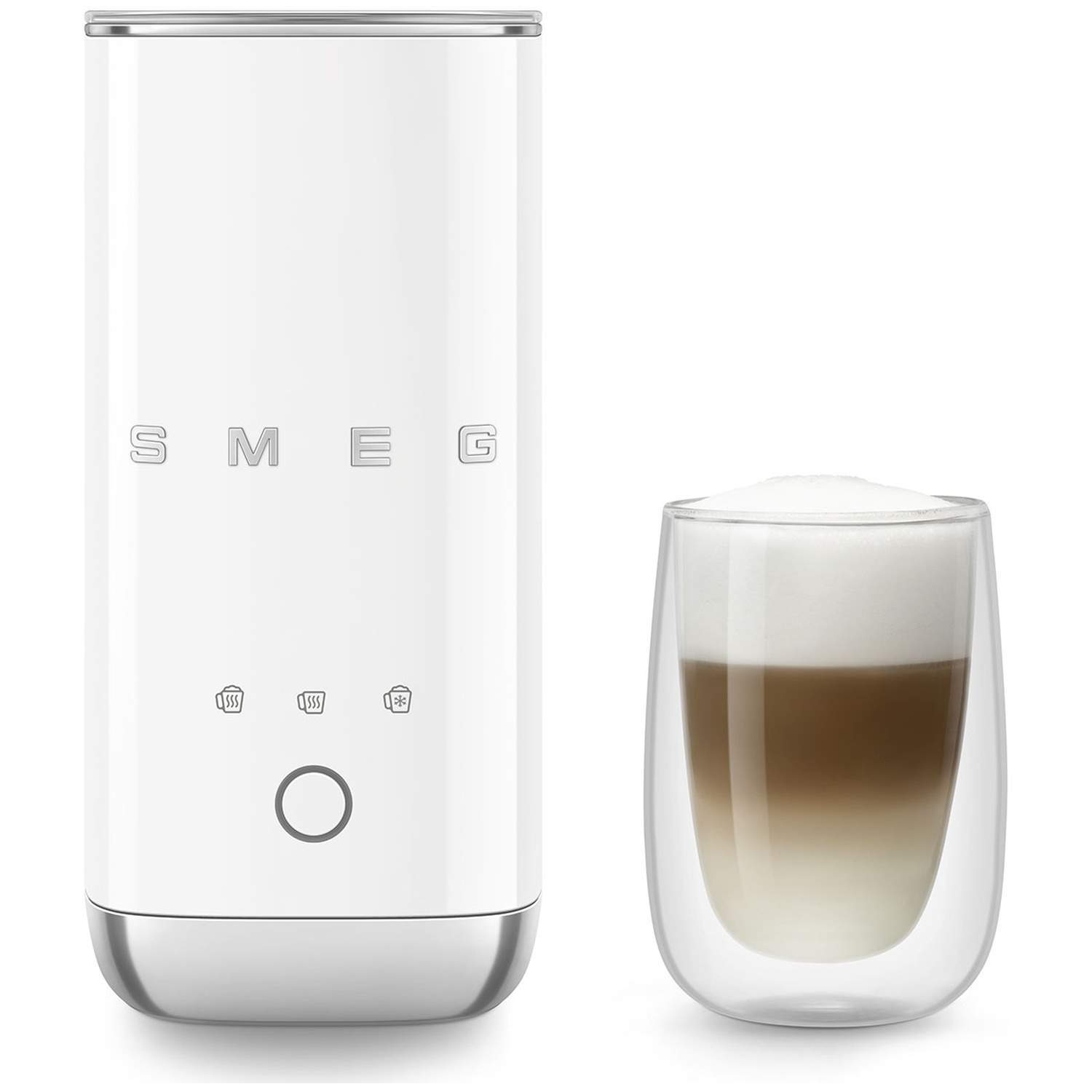 A white Smeg milk frother next to a glass of layered coffee with foam.