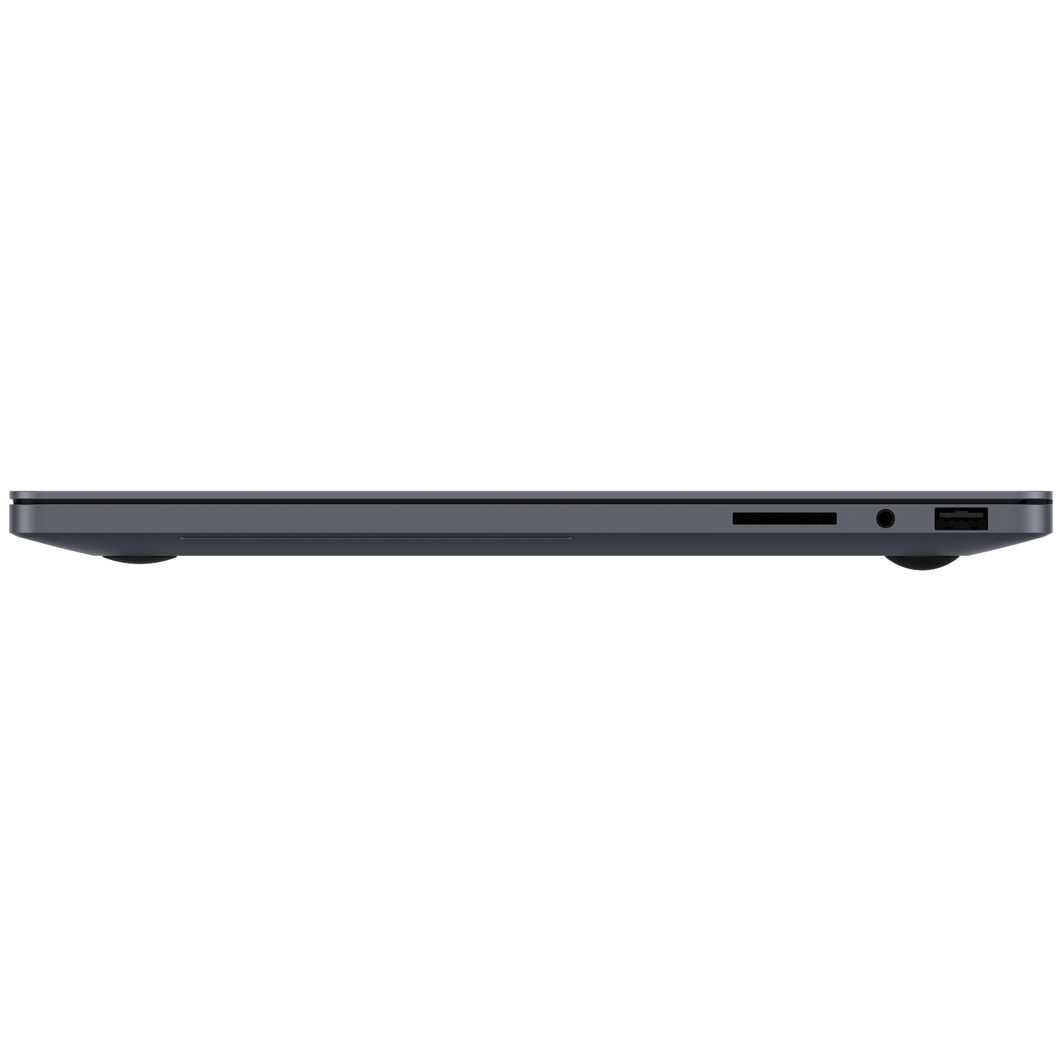Zijaanzicht van een donkere laptop met USB, SD-kaartslot en koptelefoonaansluiting.
