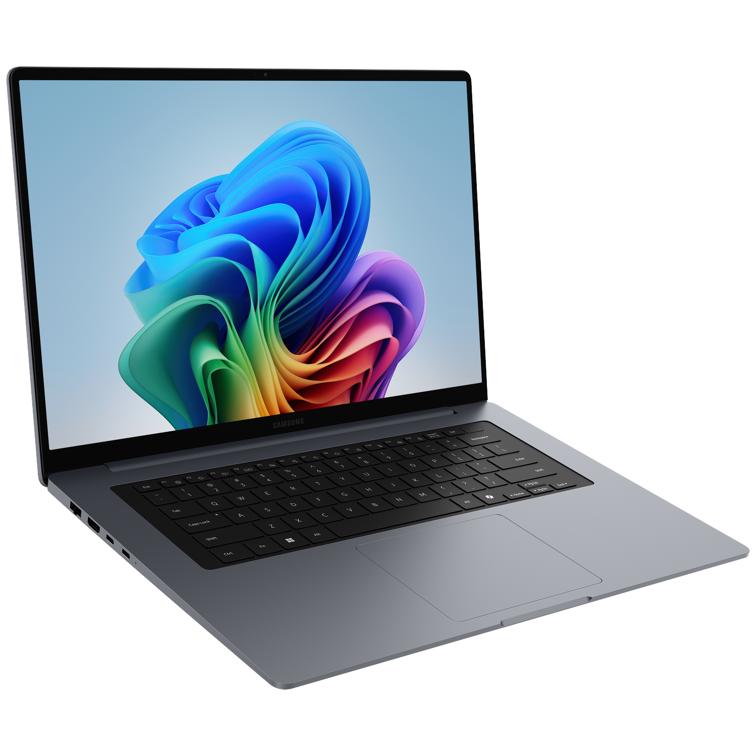 Een grijze Samsung laptop met een kleurrijke abstracte achtergrondafbeelding.