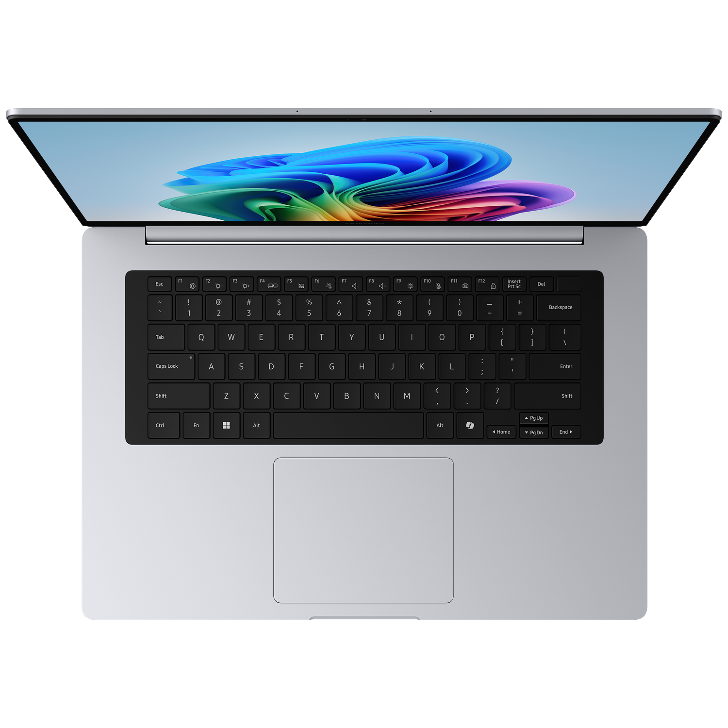 Een open zilveren laptop met een kleurrijke abstracte achtergrond op het scherm.