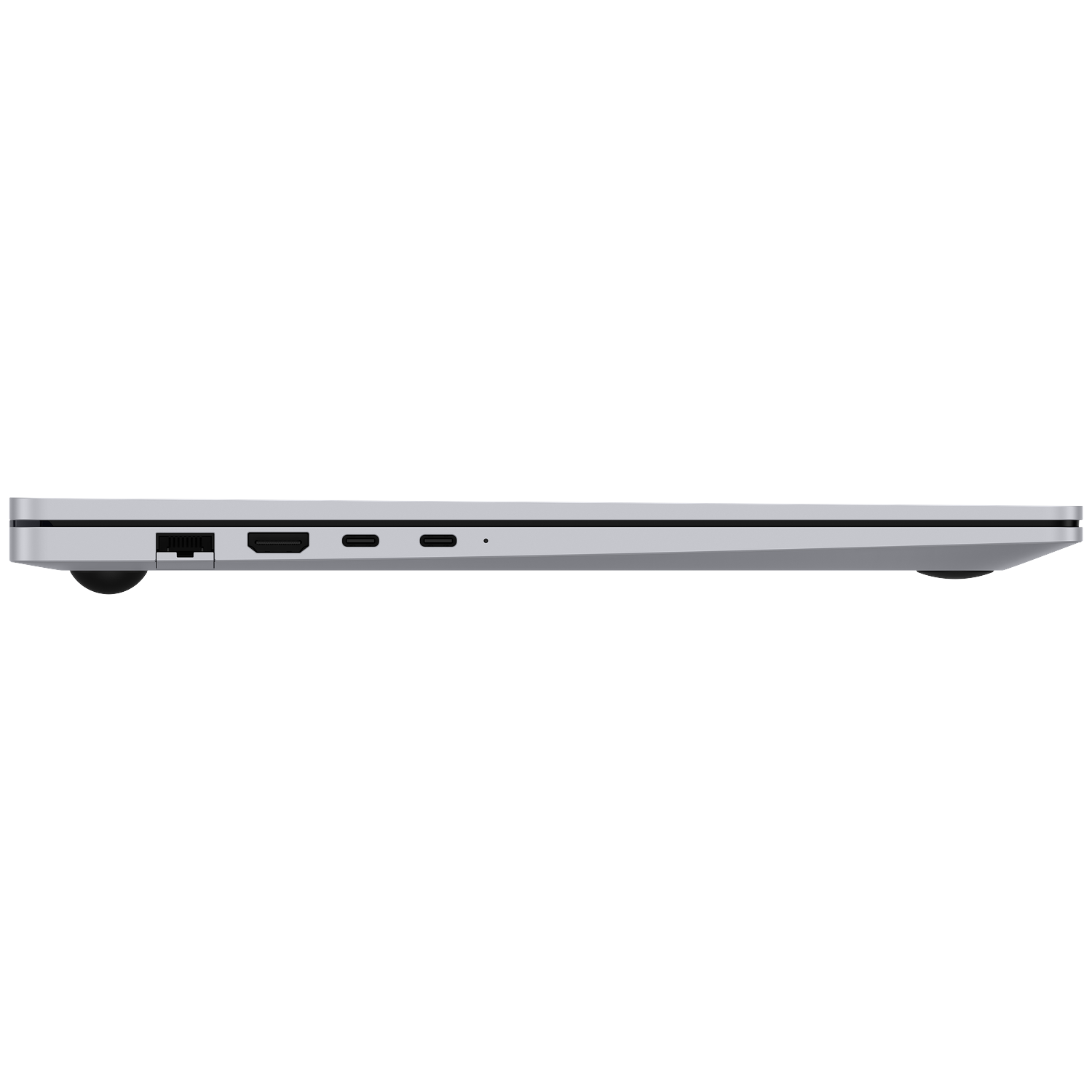 Zilveren laptop poorten: Ethernet, HDMI en USB-C. Witte achtergrond.