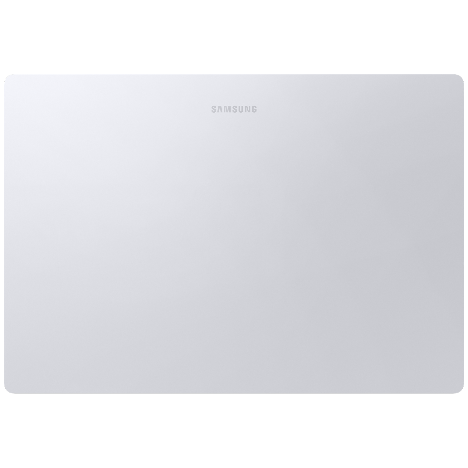Een witte Samsung tablet ligt plat. De achterkant is glad en leeg.