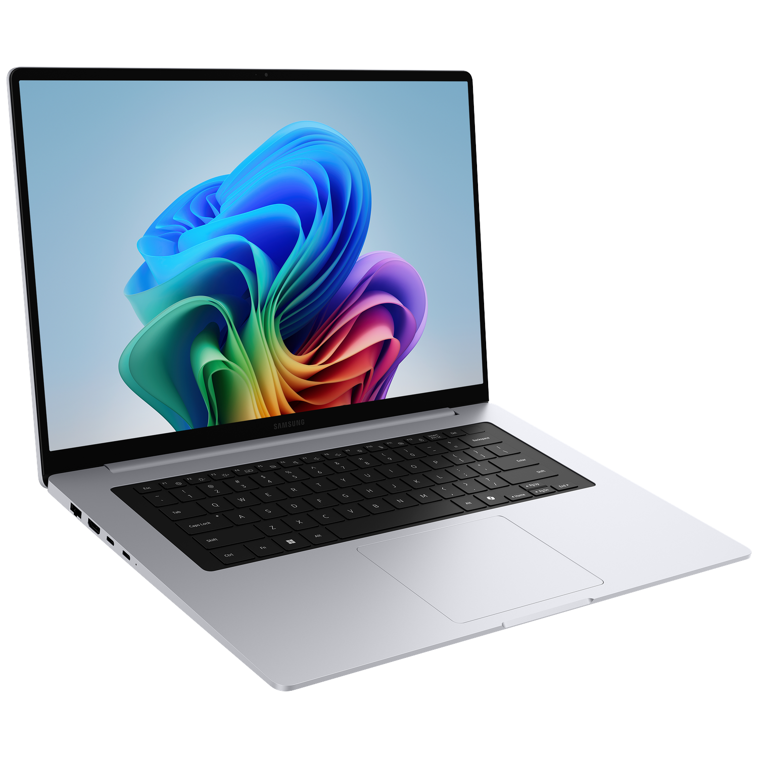 Een zilveren laptop met een kleurrijke abstracte achtergrond op het scherm.