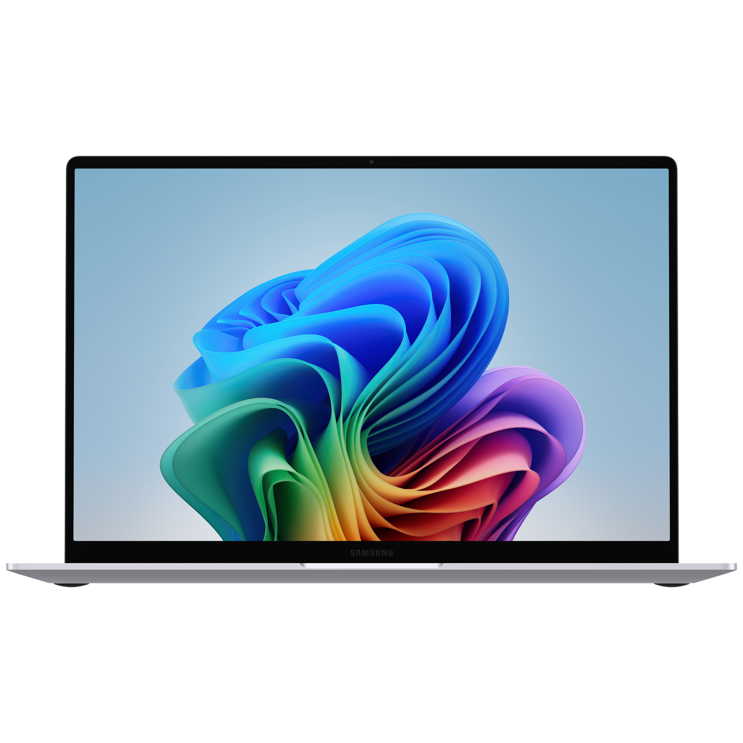 Een open zilveren laptop toont een kleurrijke, abstracte grafiek op het scherm.