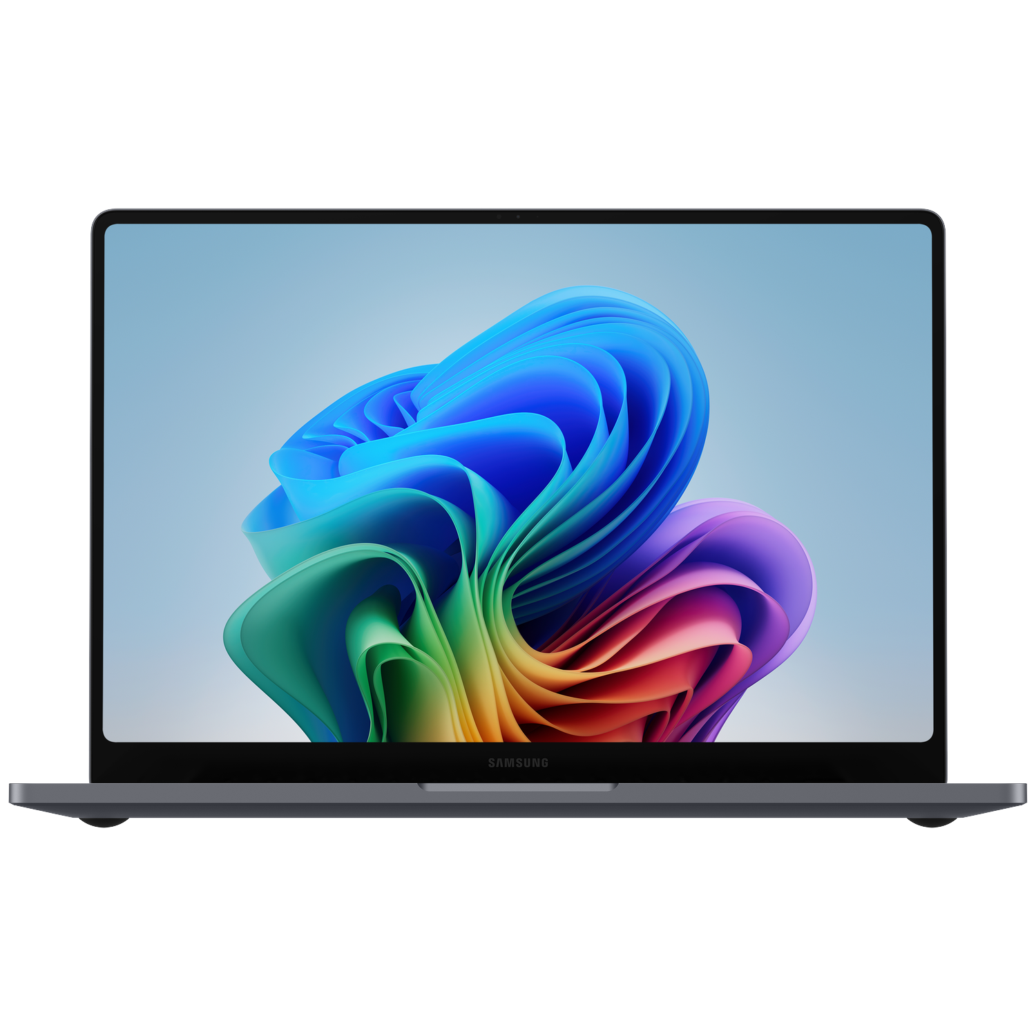 Een gesloten laptop met een kleurige, abstracte achtergrondafbeelding op het scherm.